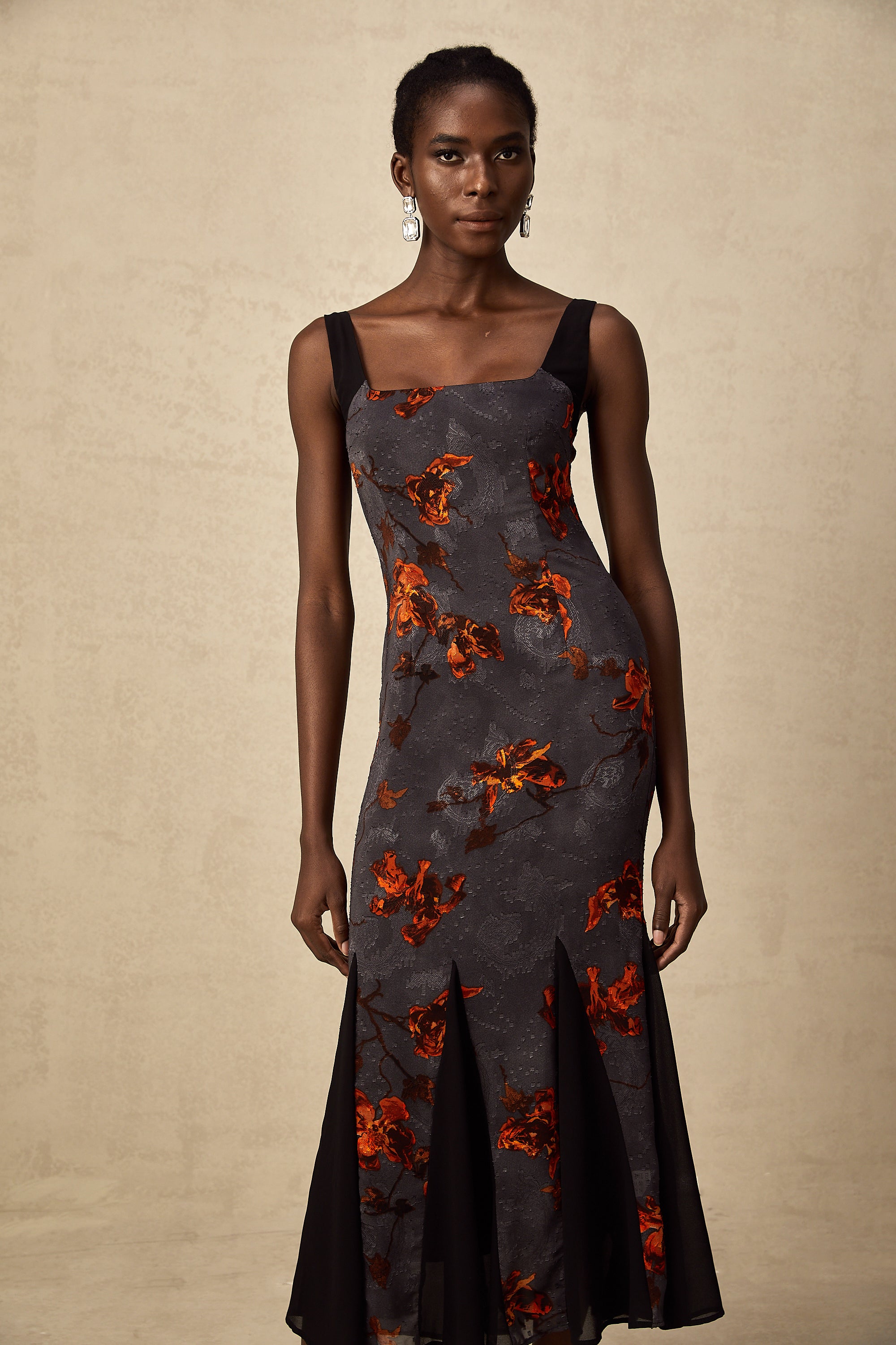 Christina floral-jacquard godet midi dress