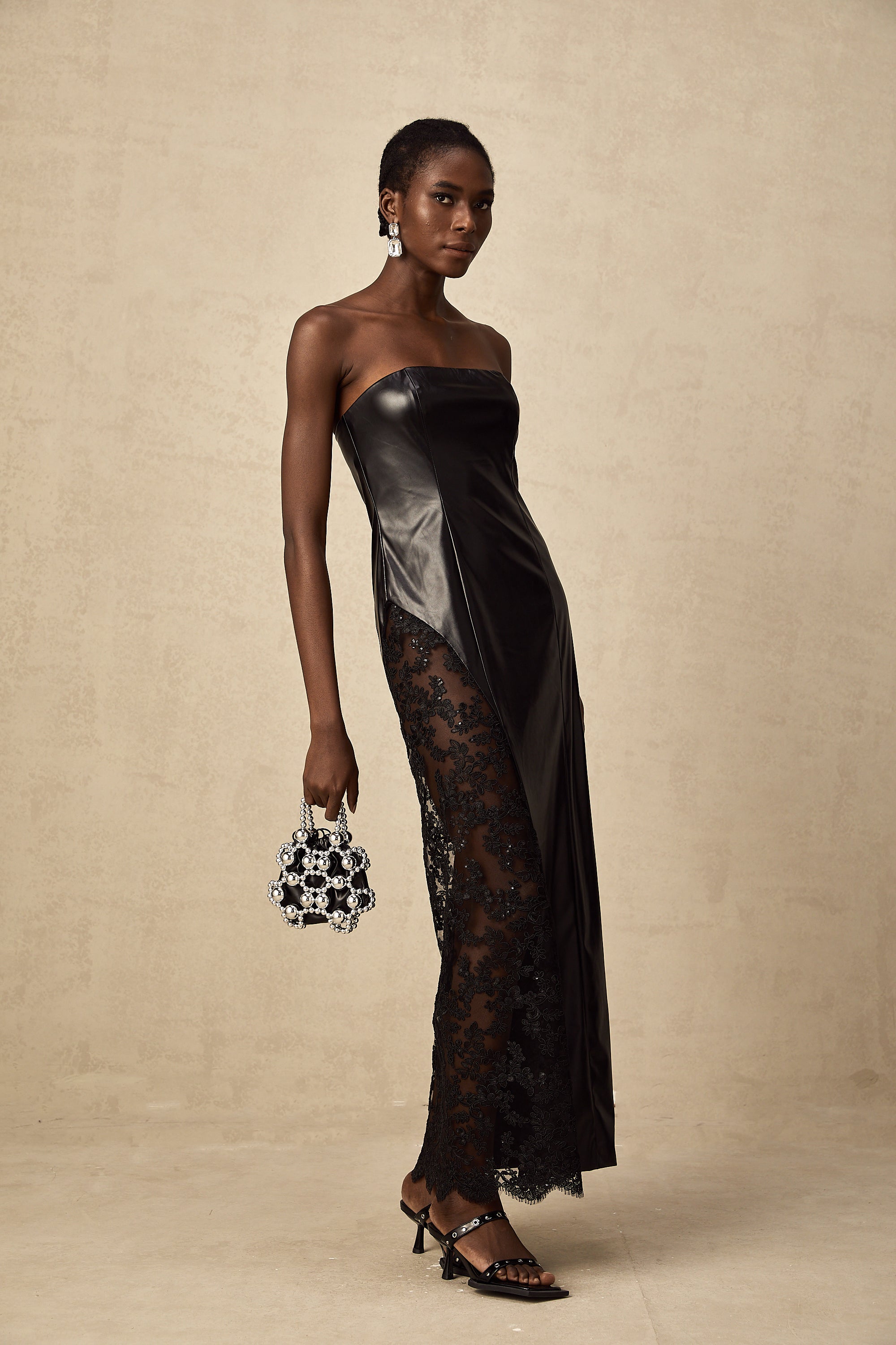 Angélique black lace-panel faux-leather maxi dress