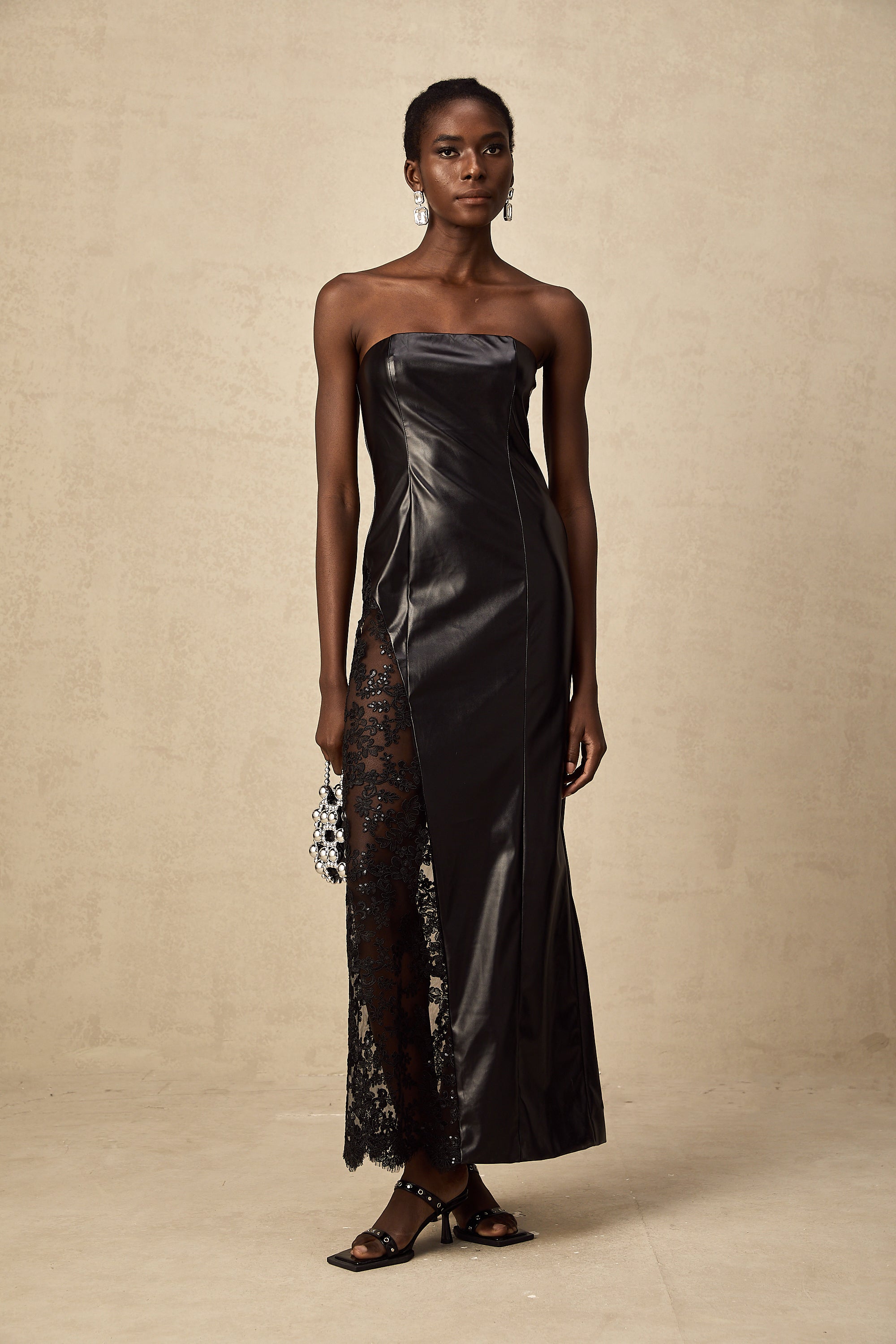 Angélique black lace-panel faux-leather maxi dress