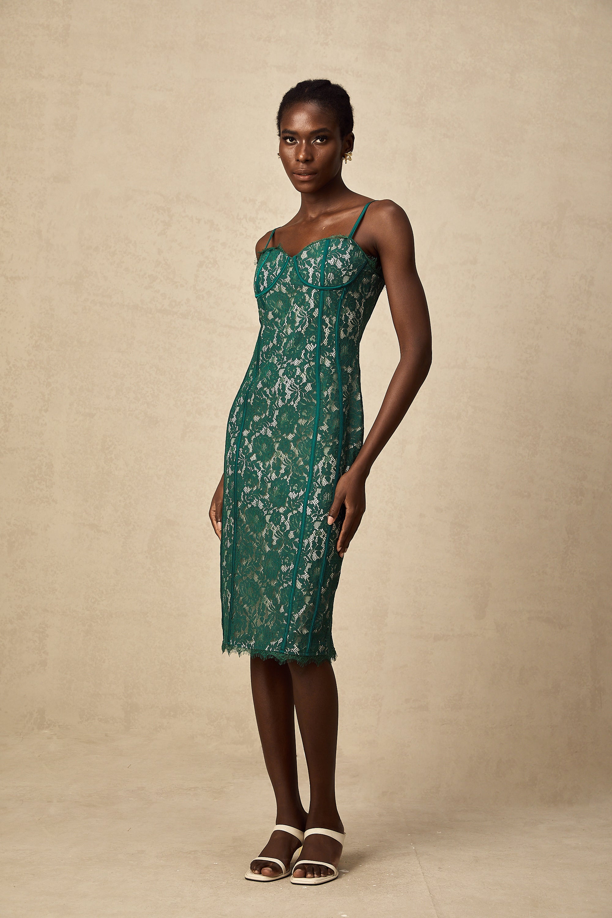 Céleste green lace bustier fitted midi dress