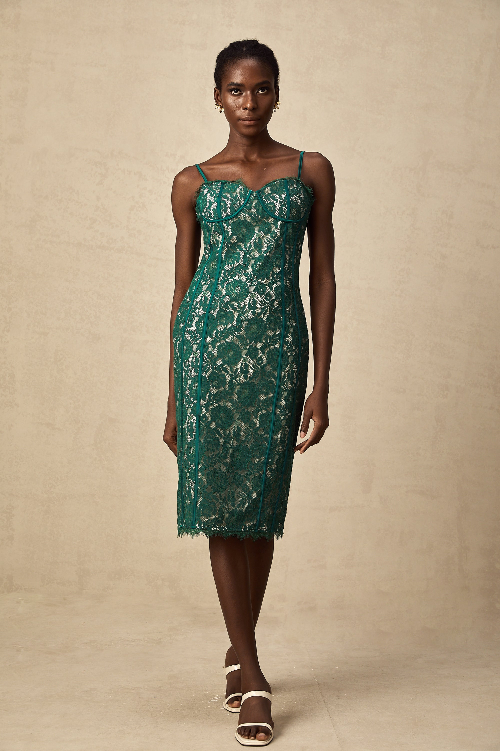 Céleste green lace bustier fitted midi dress