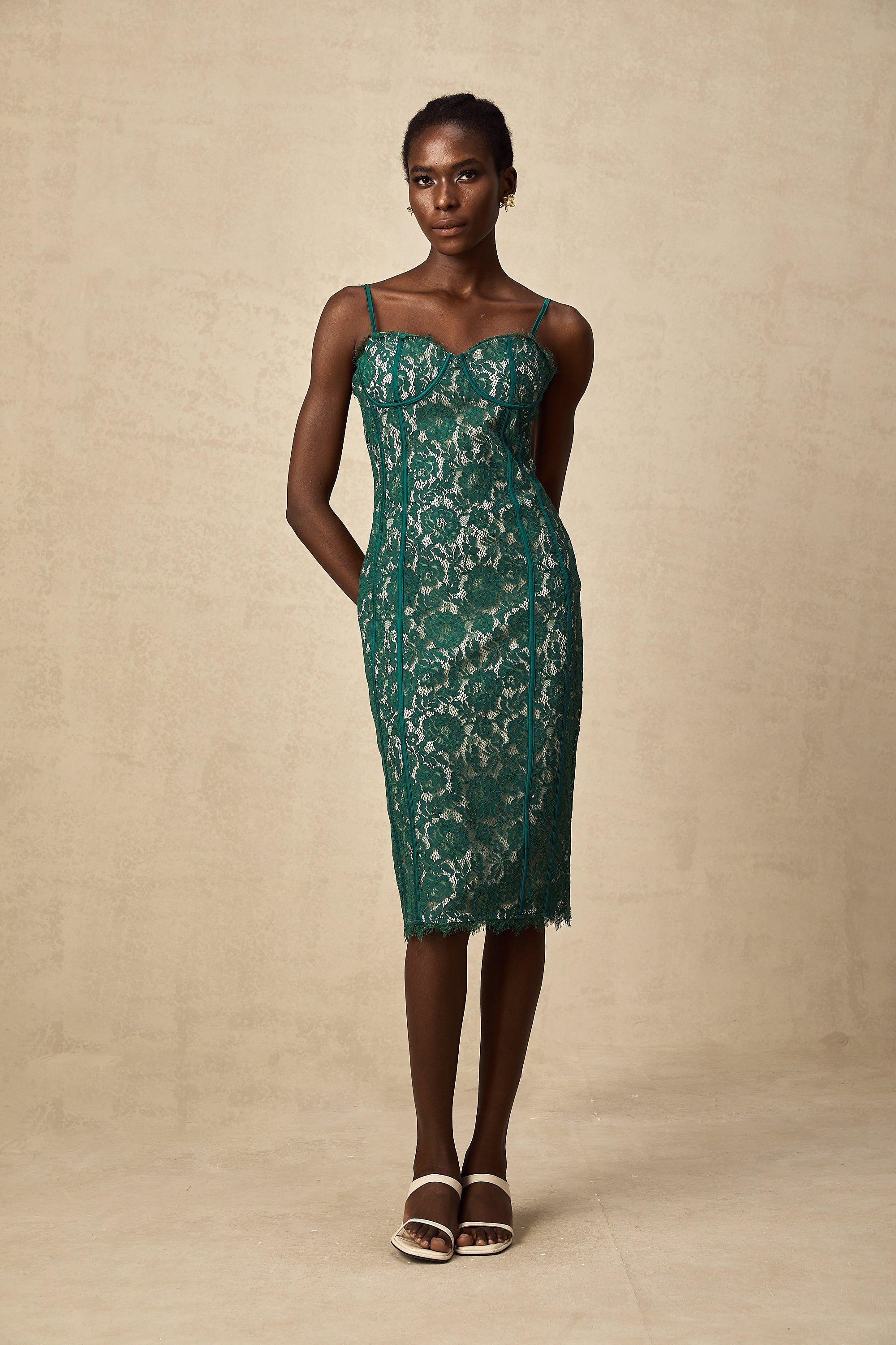 Céleste green lace bustier fitted midi dress