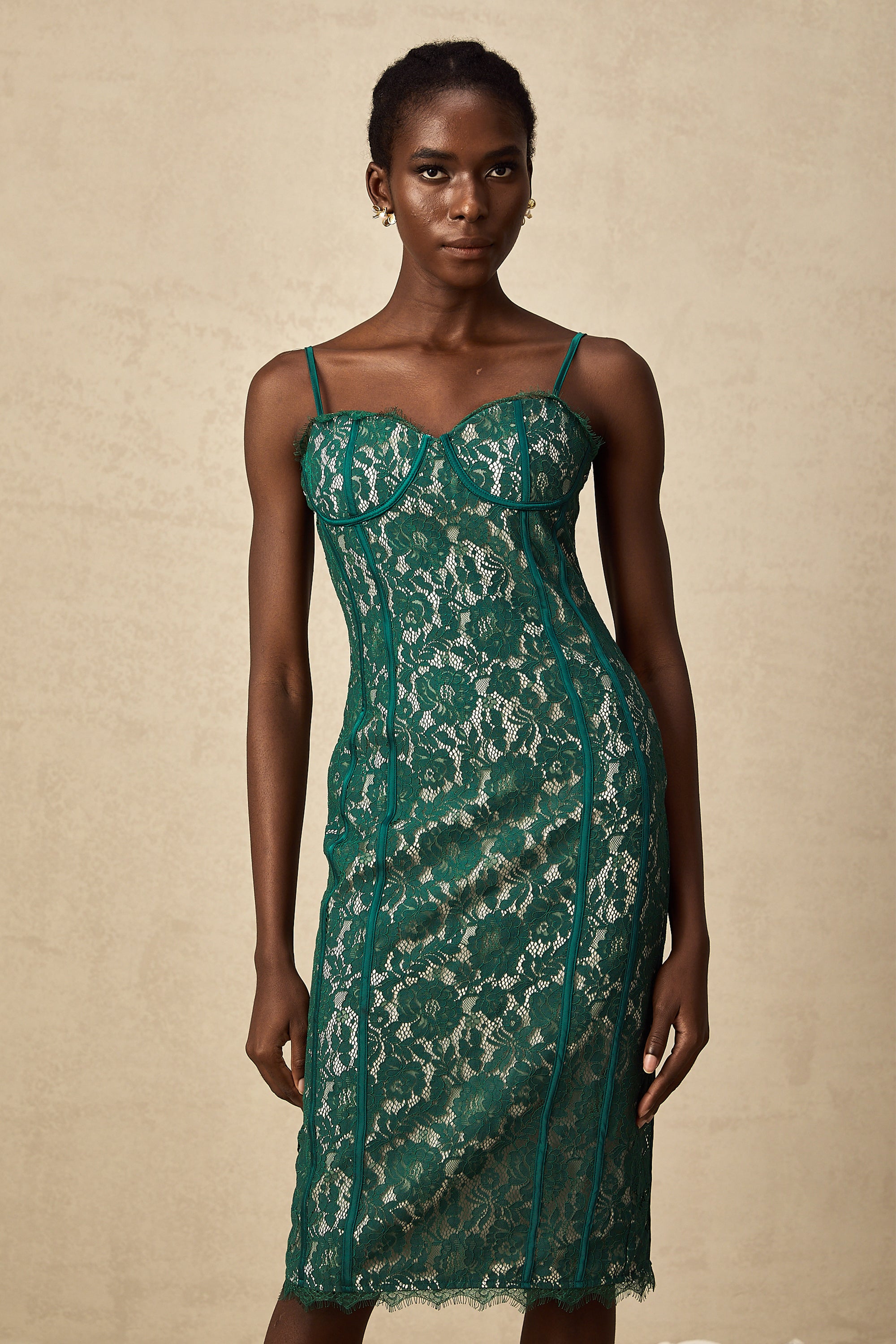 Céleste green lace bustier fitted midi dress