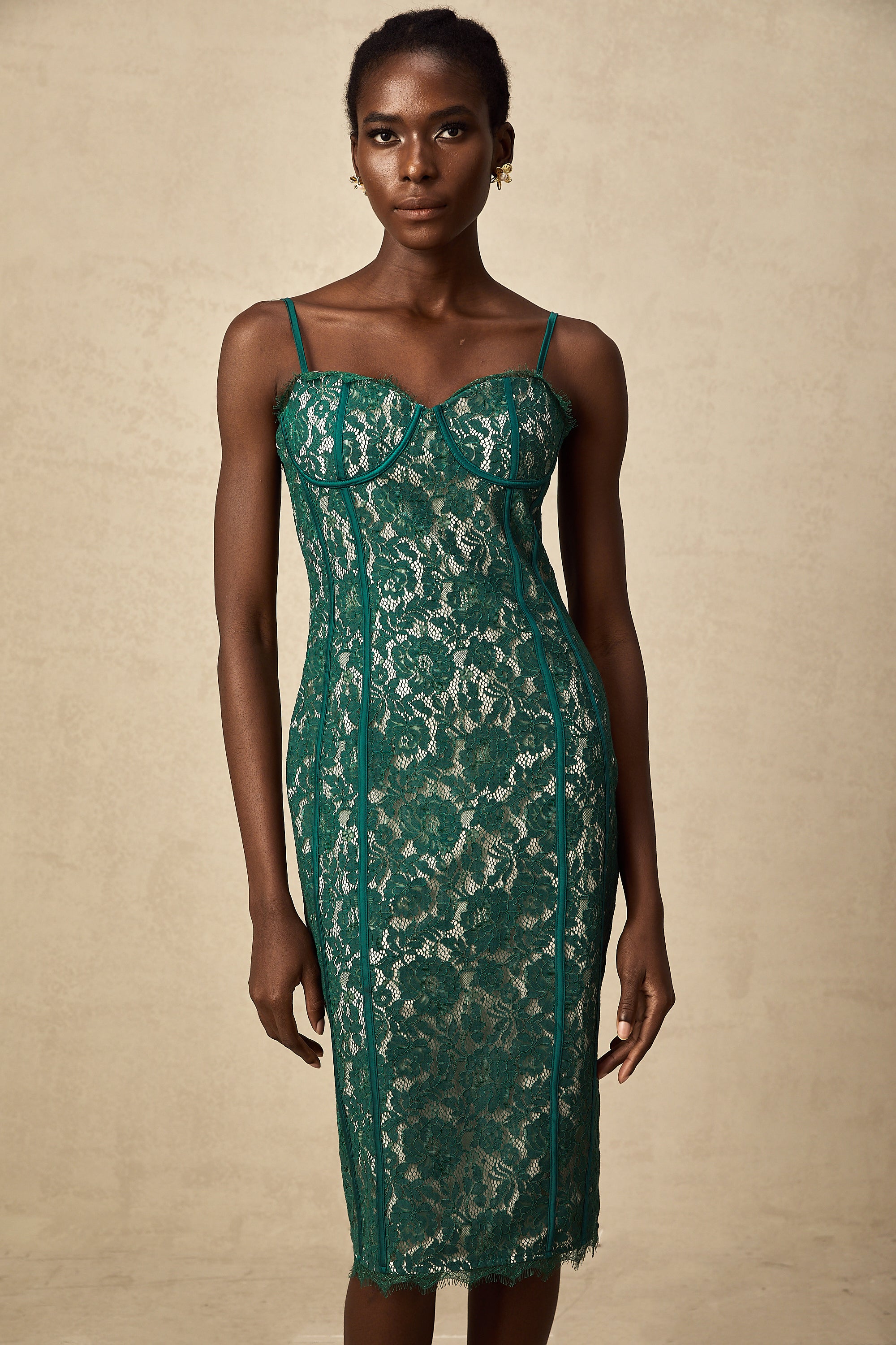 Céleste green lace bustier fitted midi dress