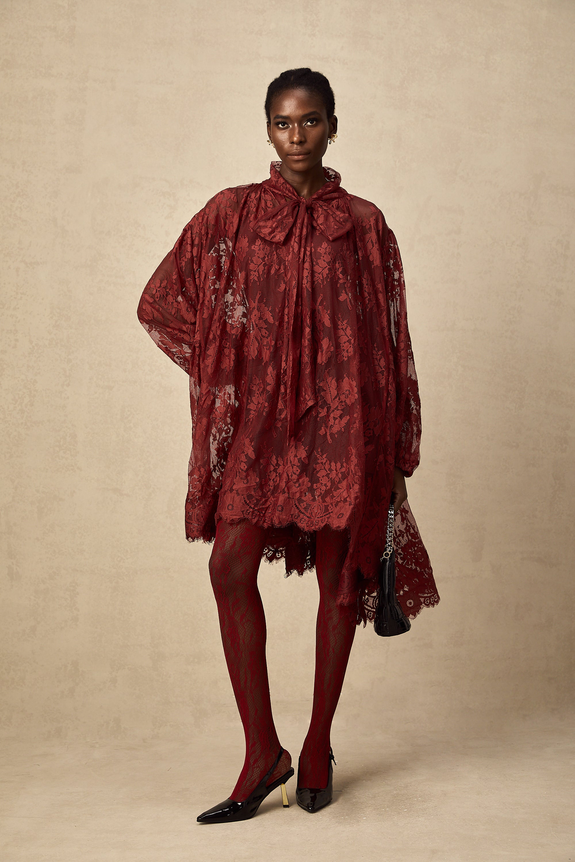 Coline red chantilly lace oversize dress