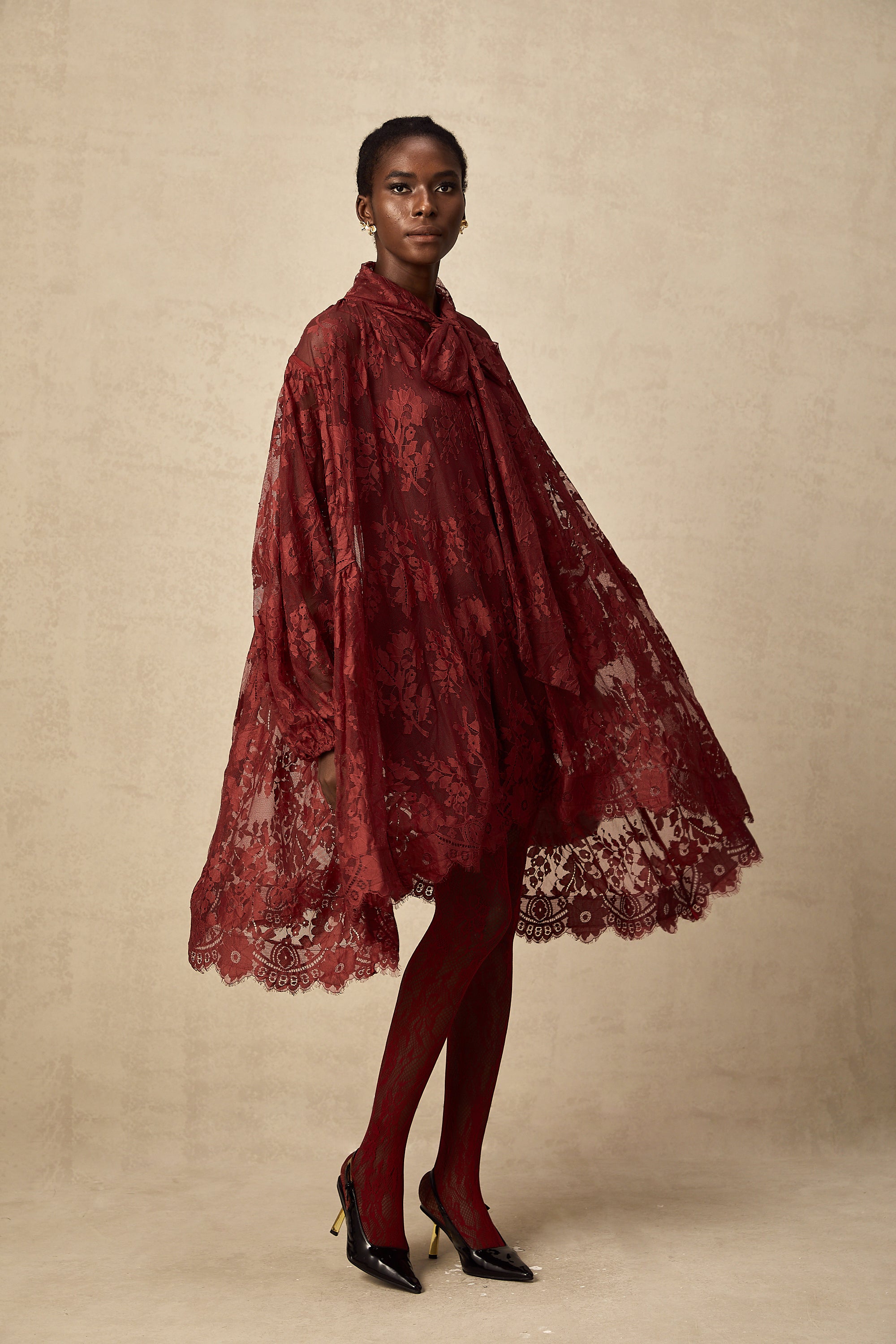 Coline red chantilly lace oversize dress