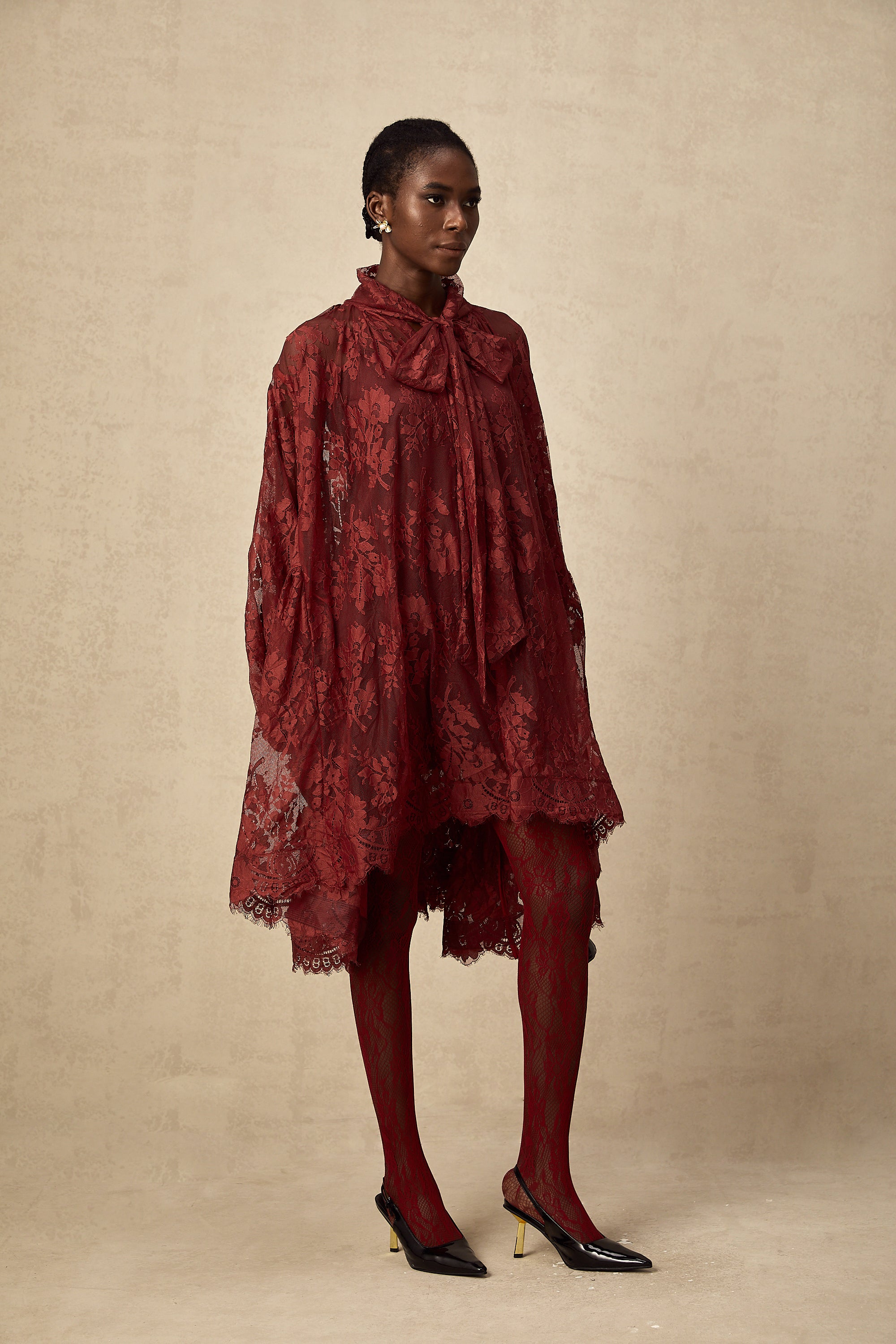 Coline red chantilly lace oversize dress