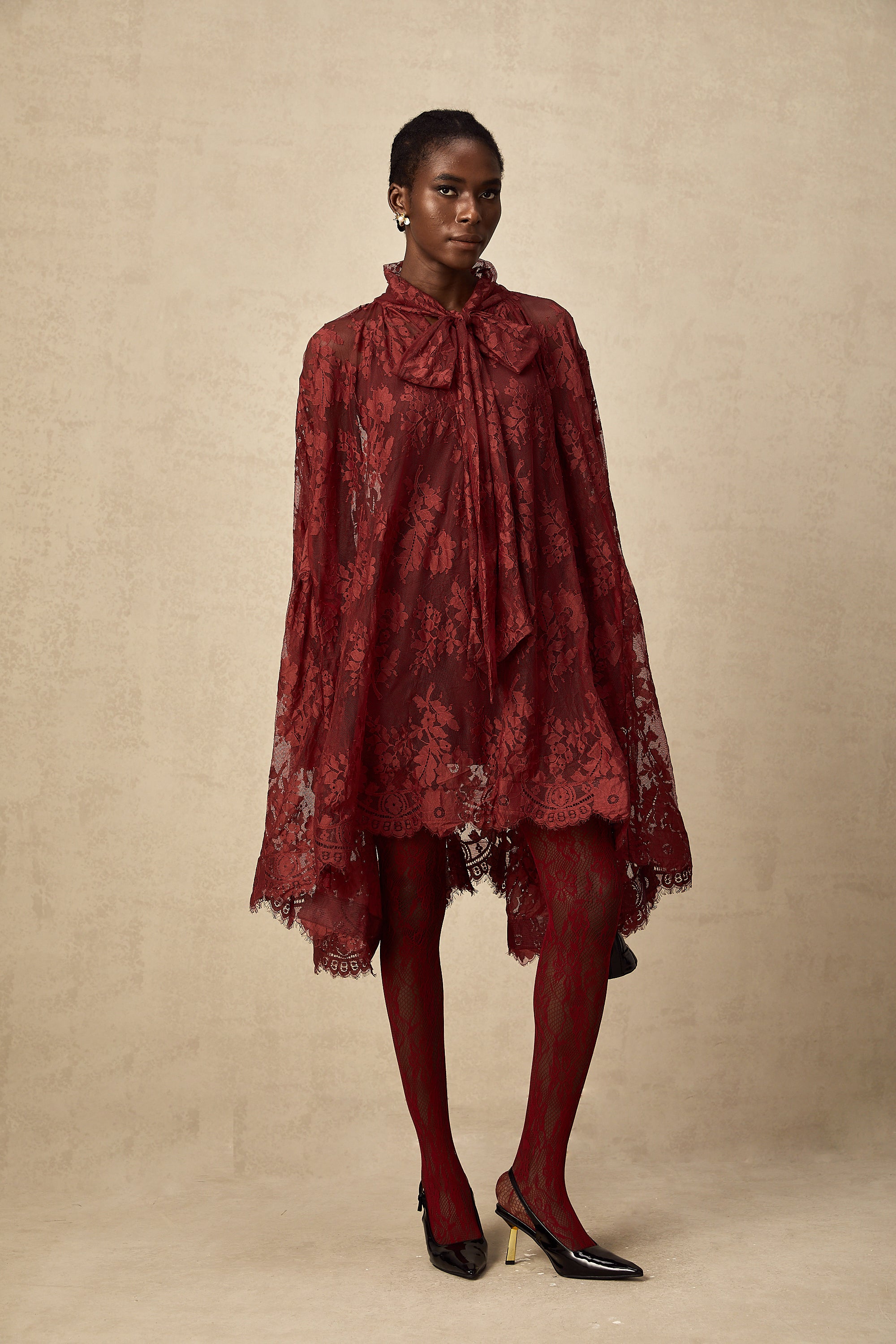 Coline red chantilly lace oversize dress