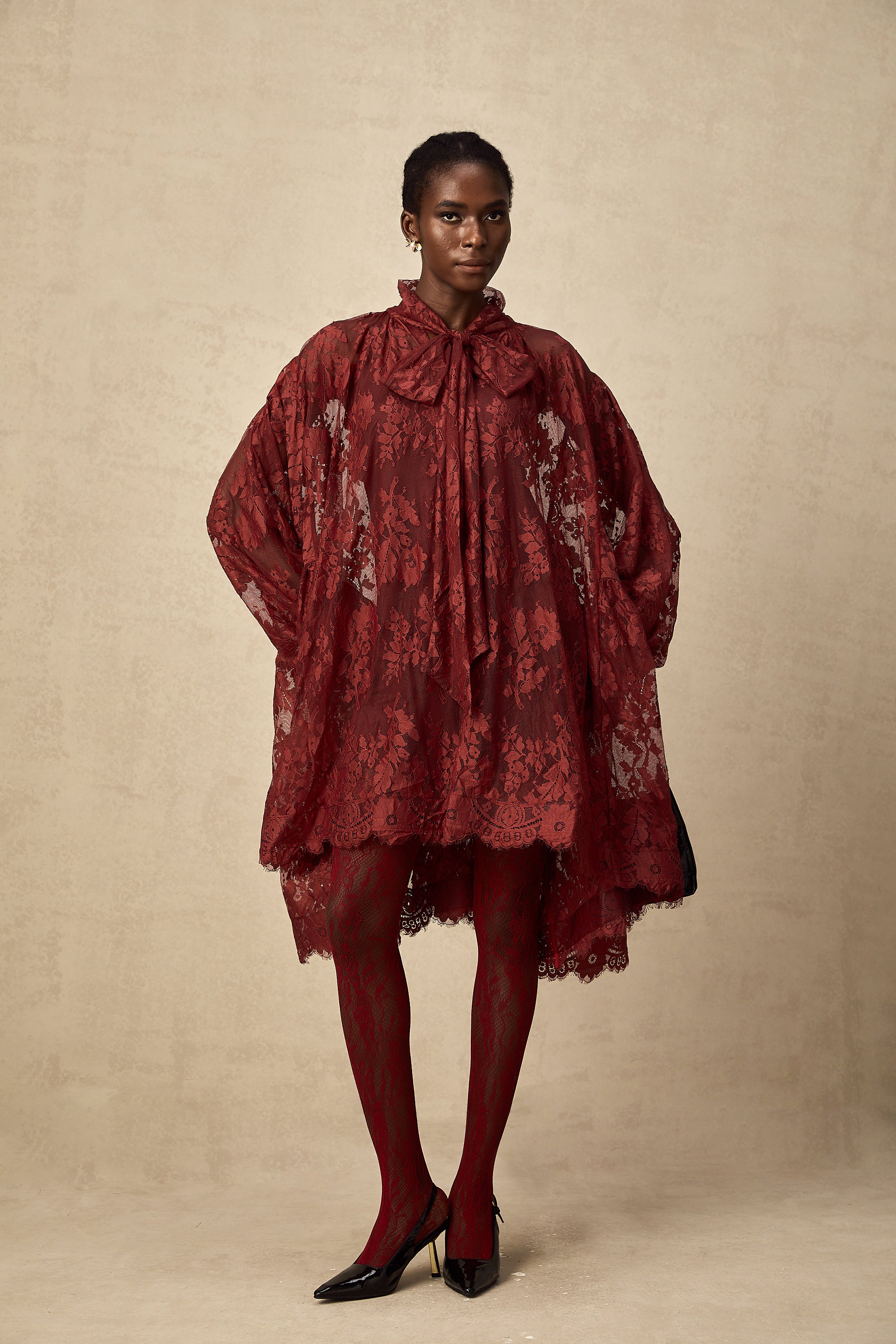 Coline red chantilly lace oversize dress