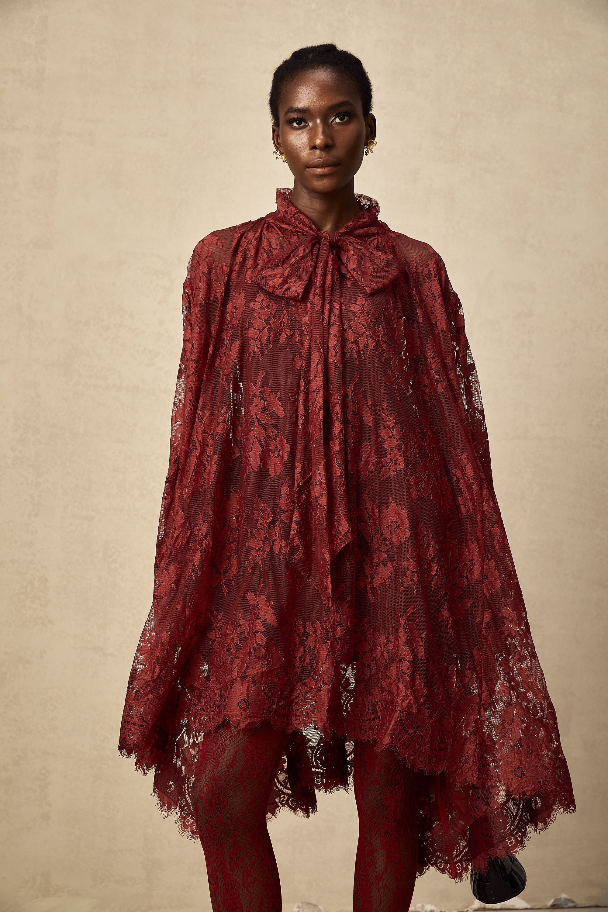 Coline red chantilly lace oversize dress