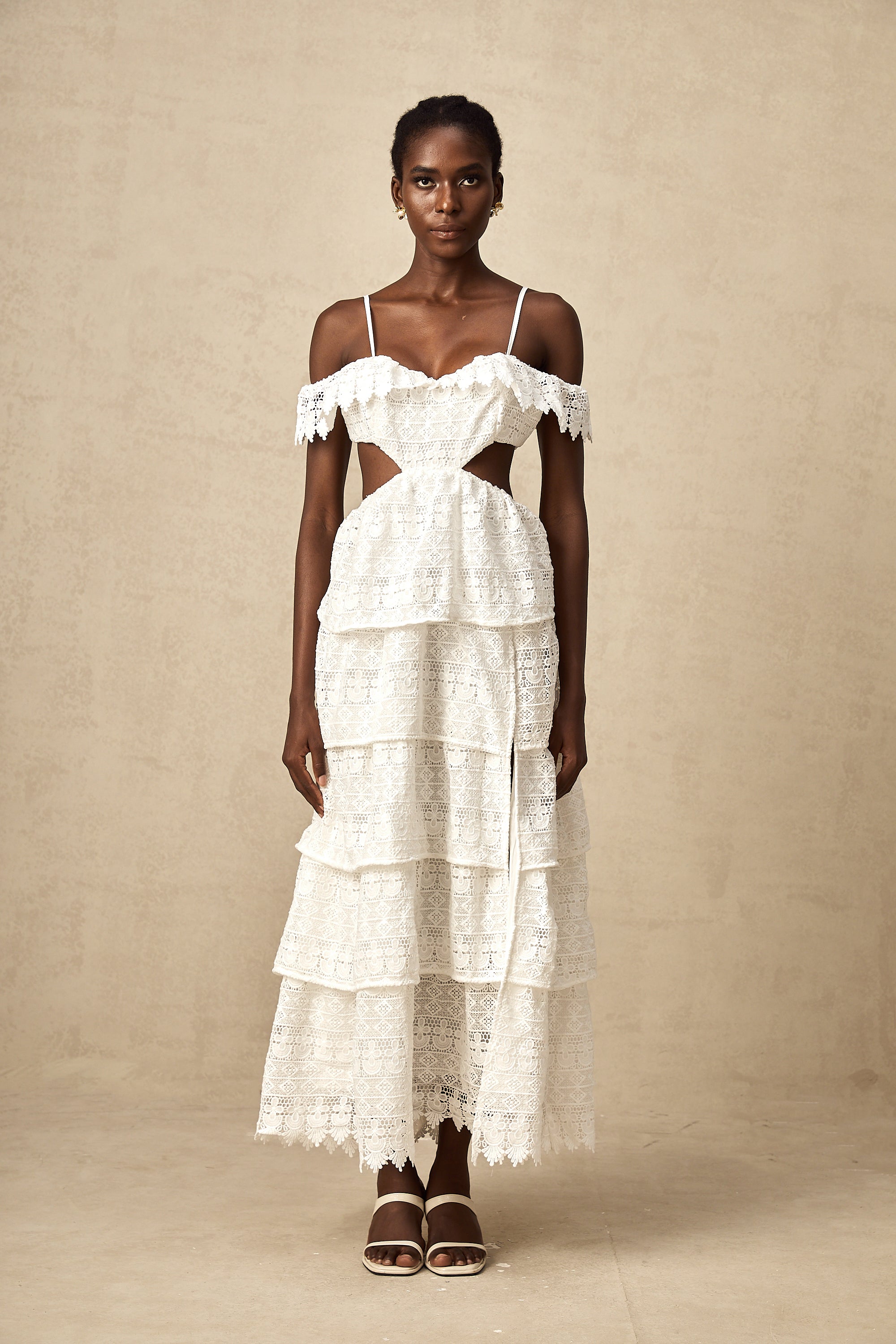 Genevieve white lace open-work midi dress