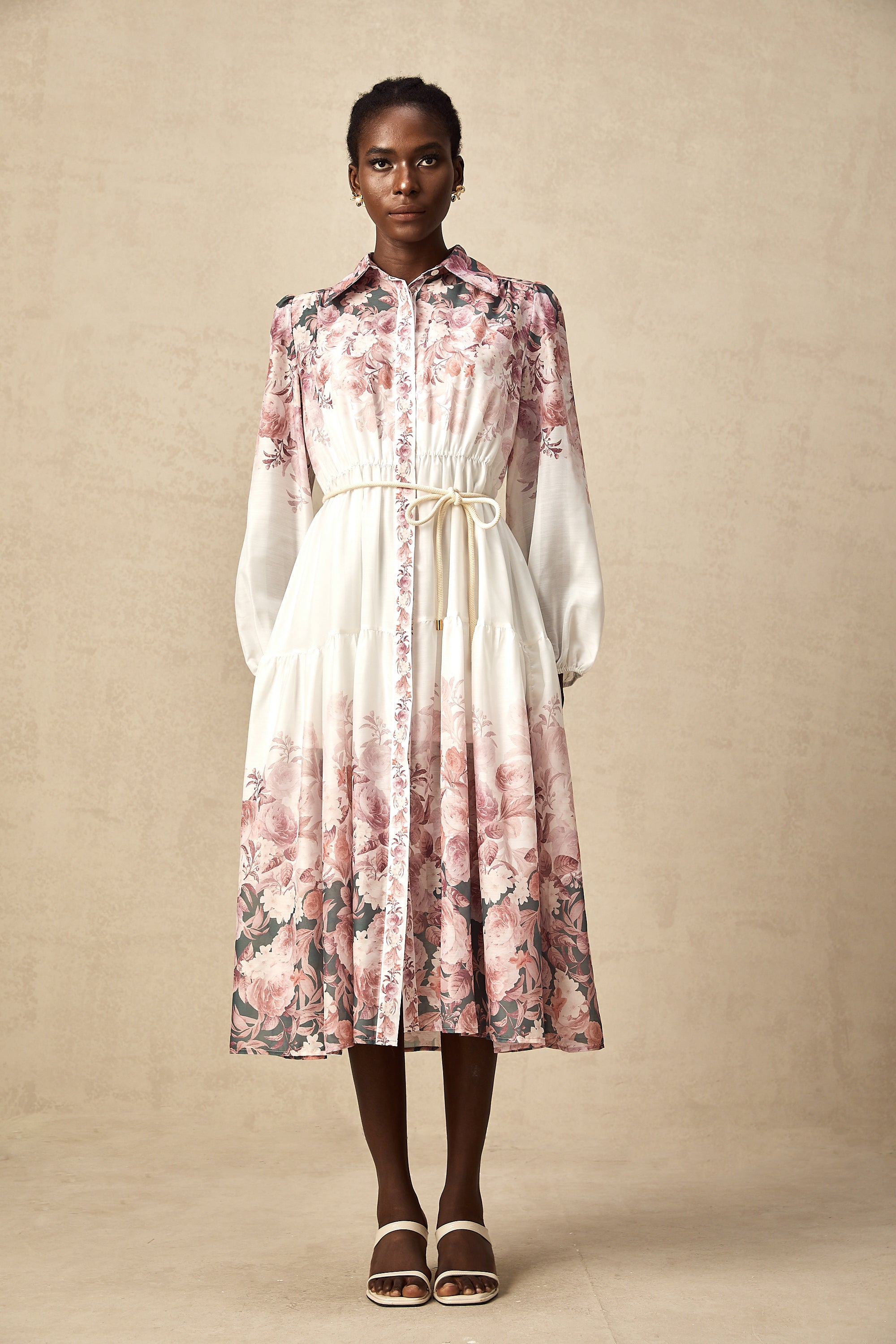 Carina floral-print lantern-sleeve midi dress