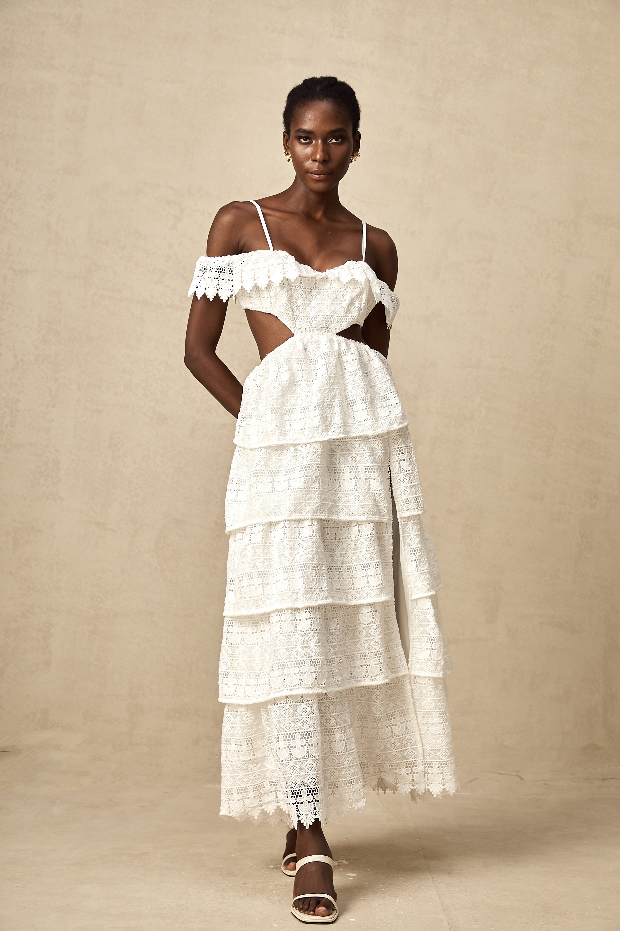 Genevieve white lace open-work midi dress