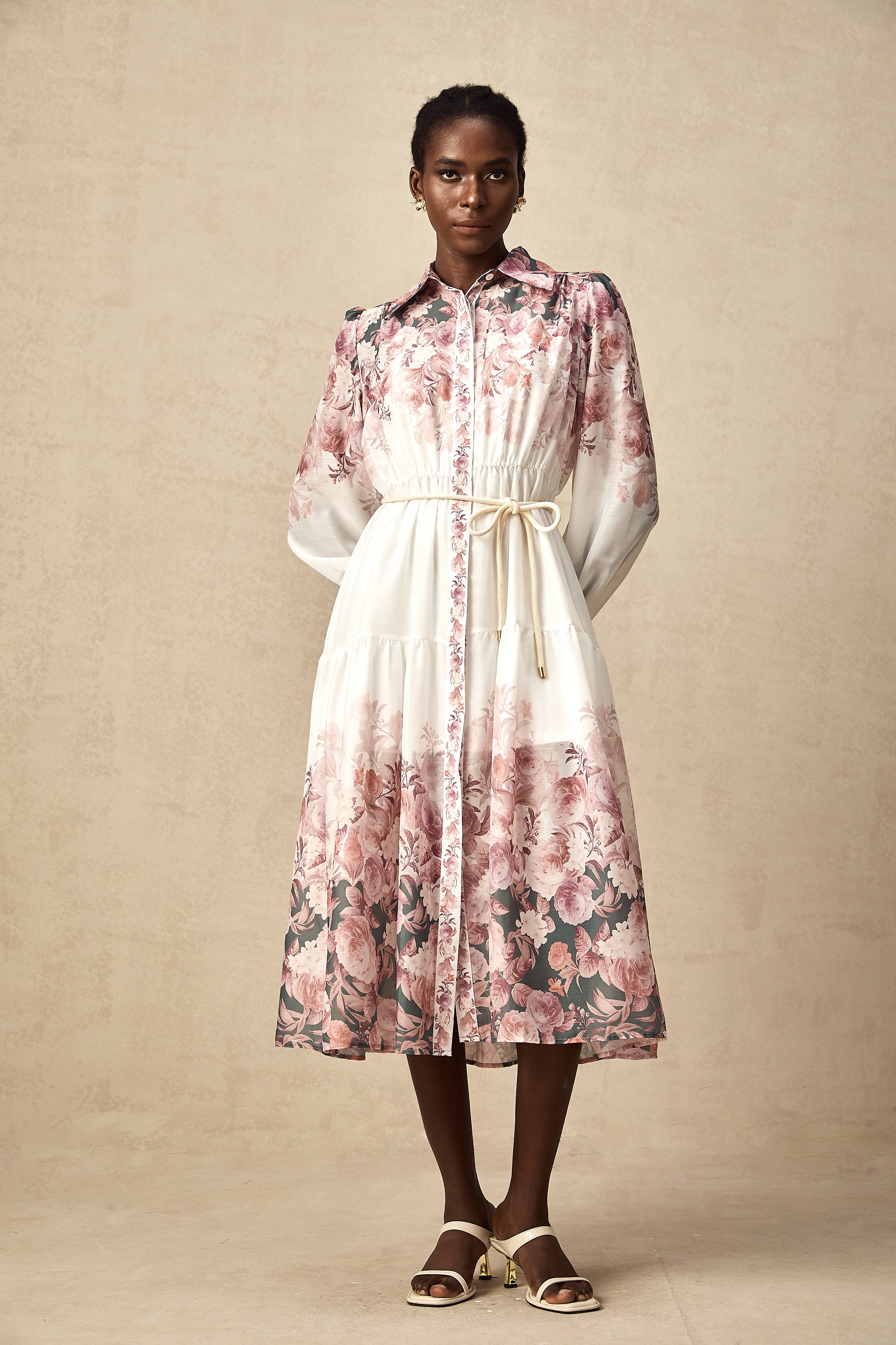 Carina floral-print lantern-sleeve midi dress