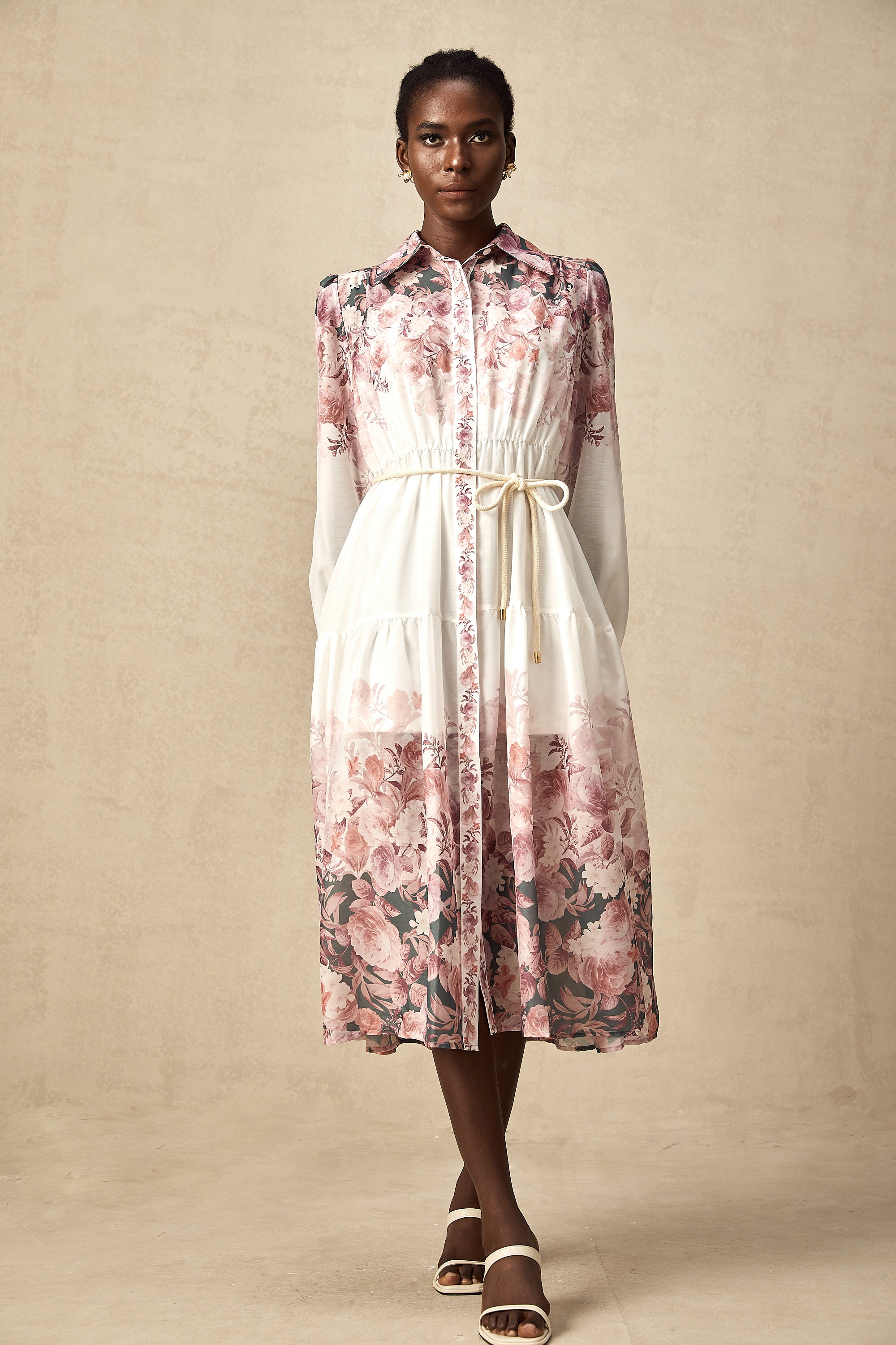 Carina floral-print lantern-sleeve midi dress