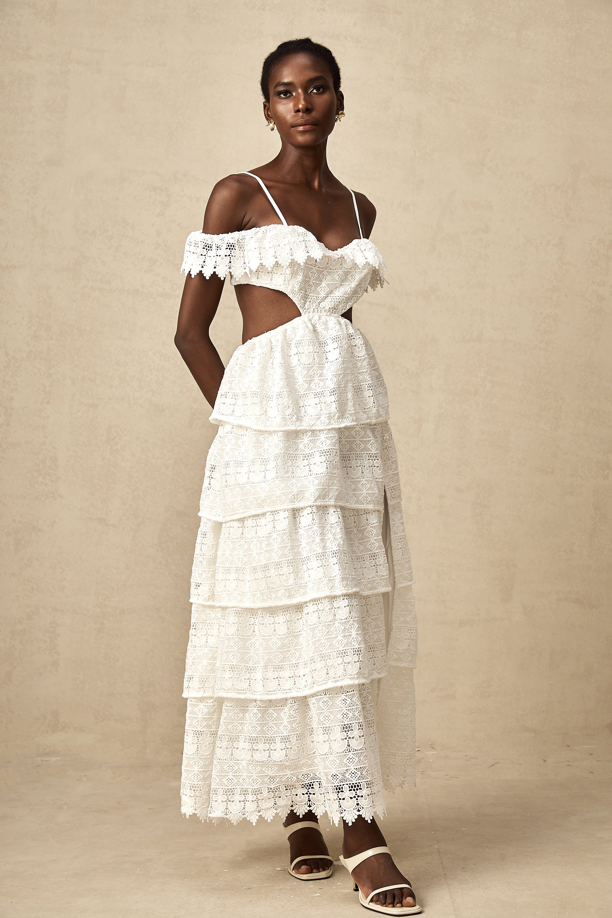 Genevieve white lace open-work midi dress