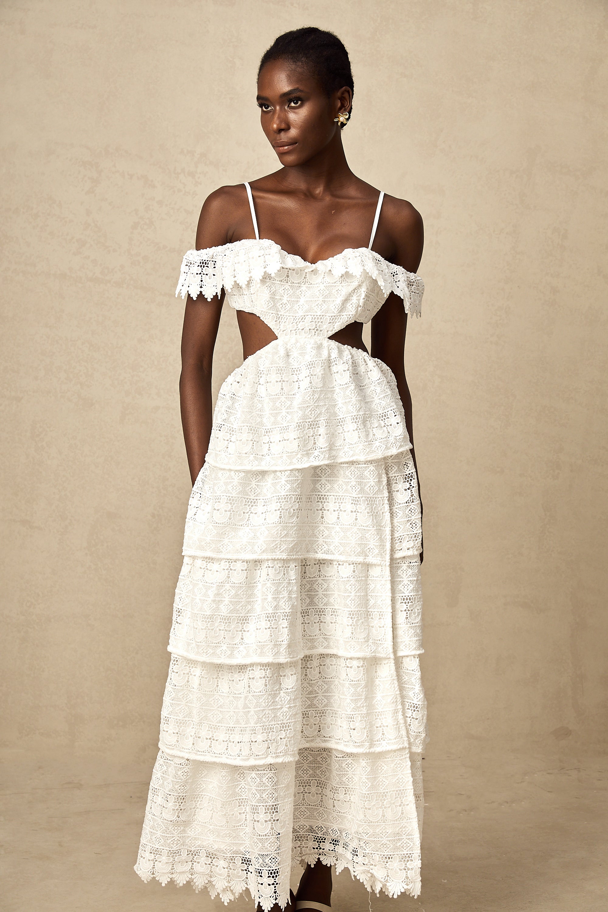 Genevieve white lace open-work midi dress