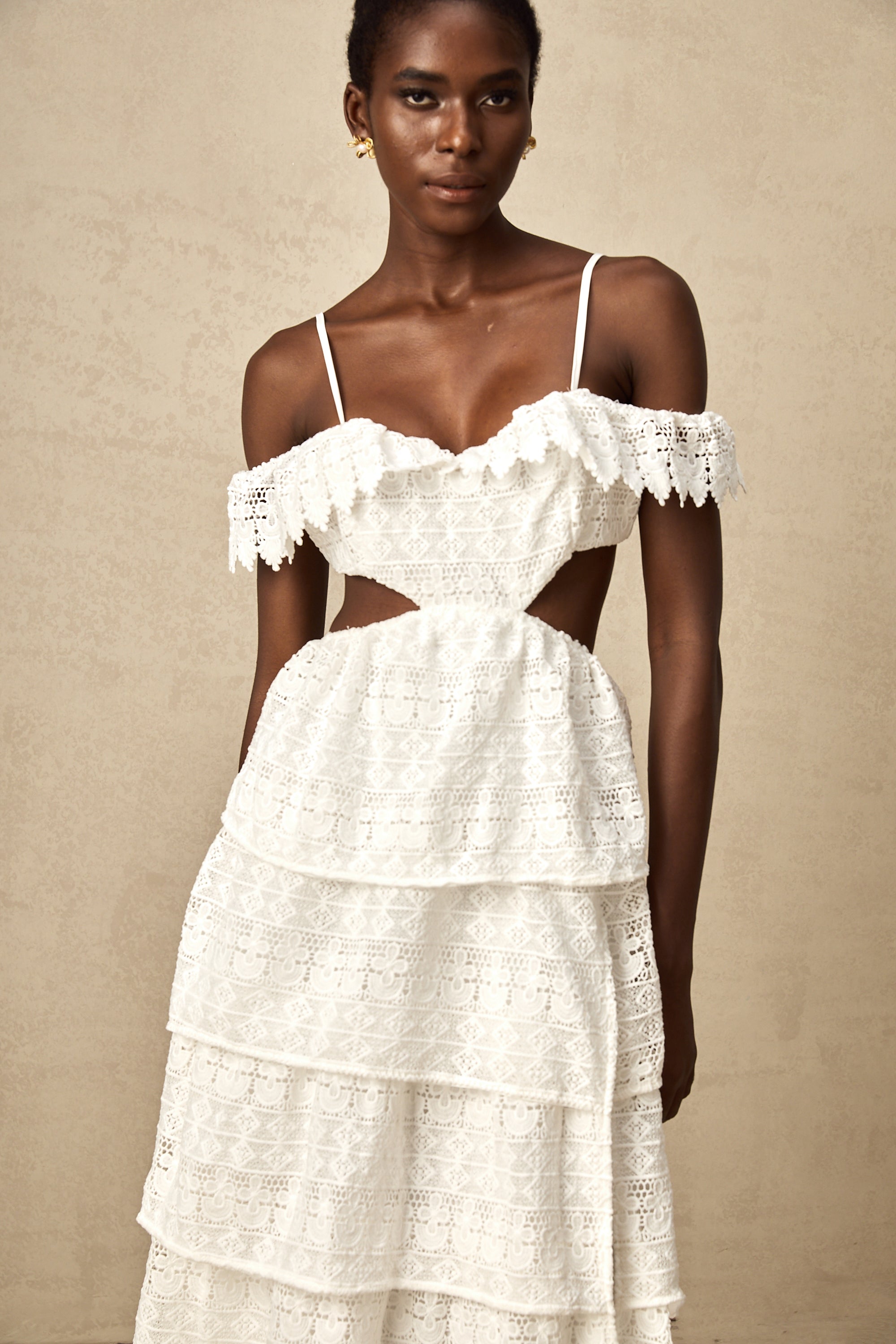 Genevieve white lace open-work midi dress