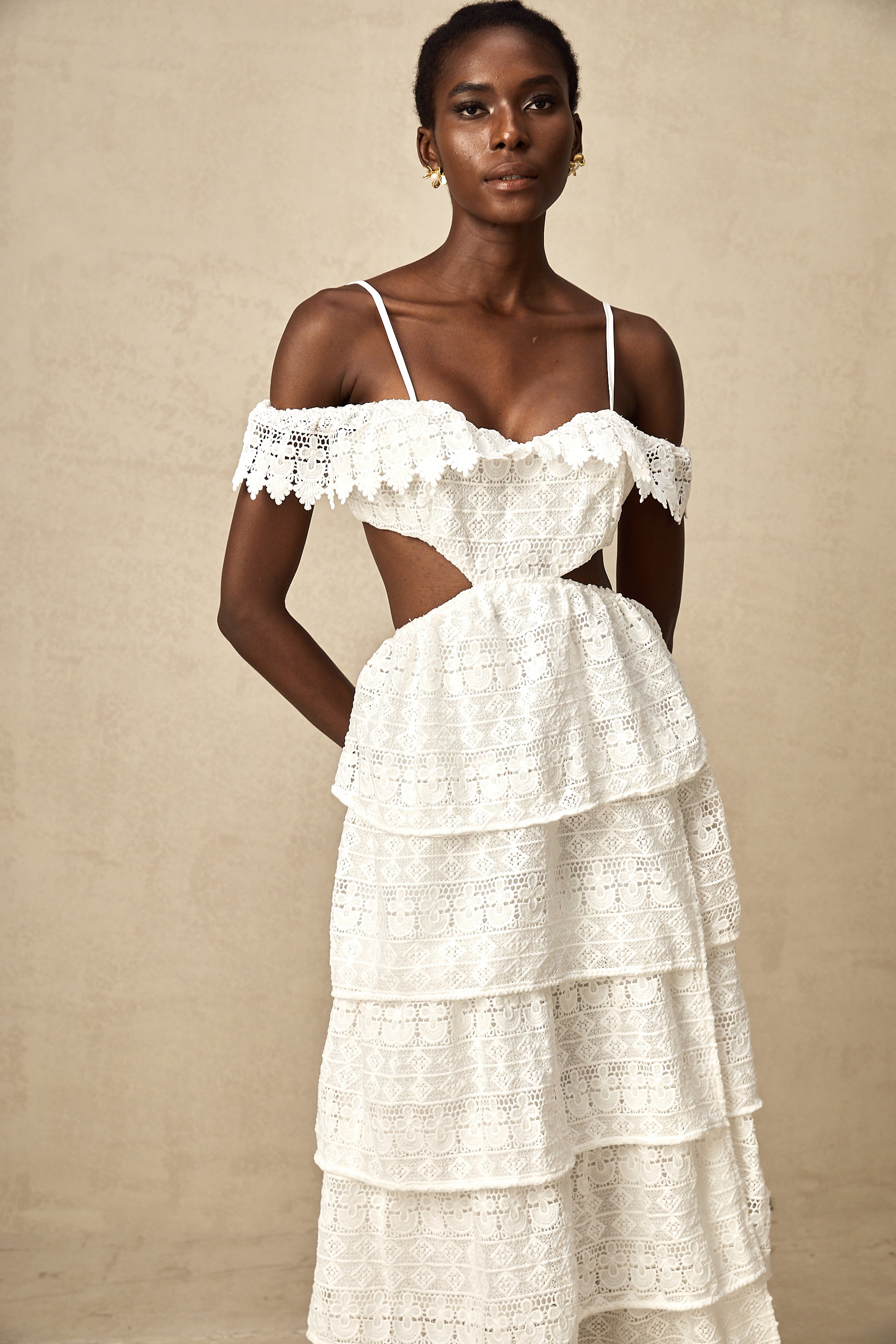 Genevieve white lace open-work midi dress