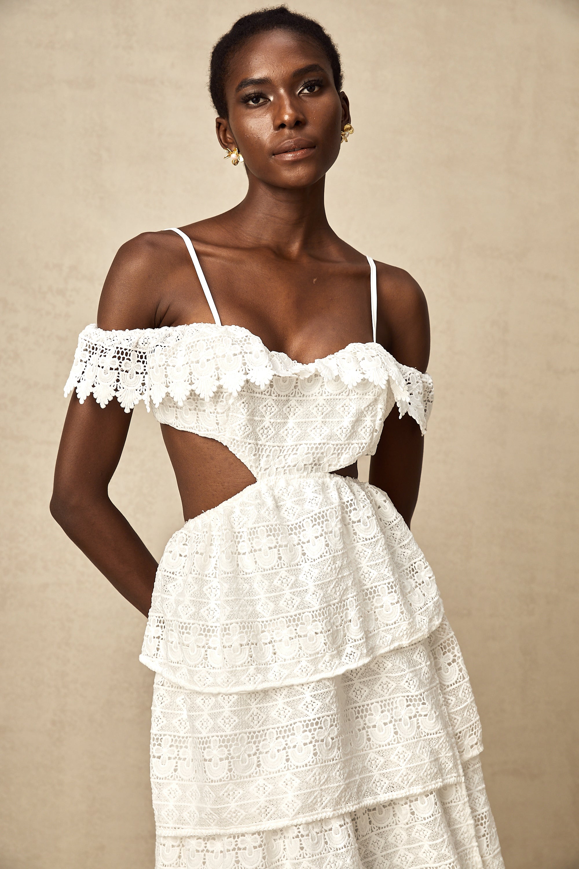 Genevieve white lace open-work midi dress