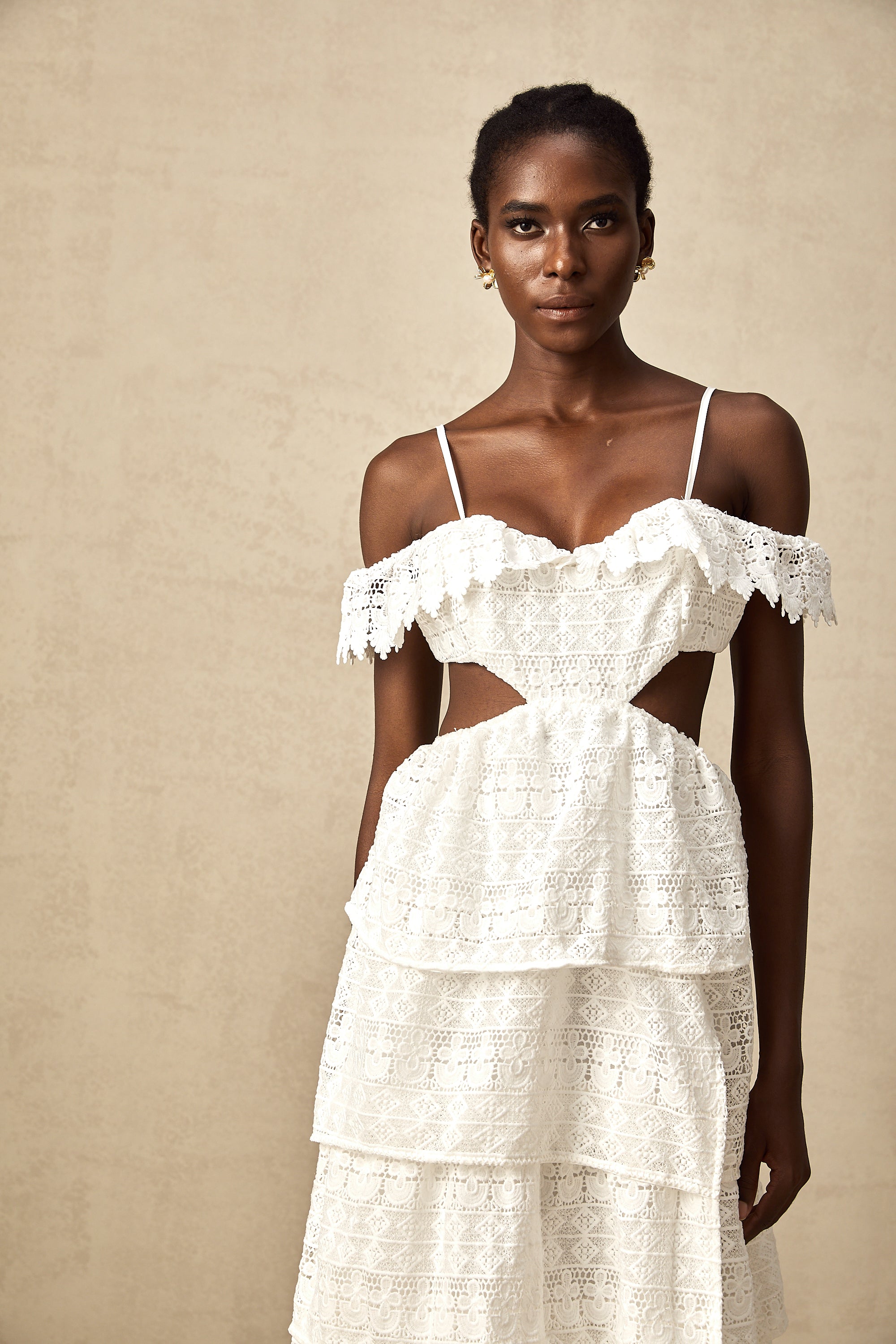 Genevieve white lace open-work midi dress