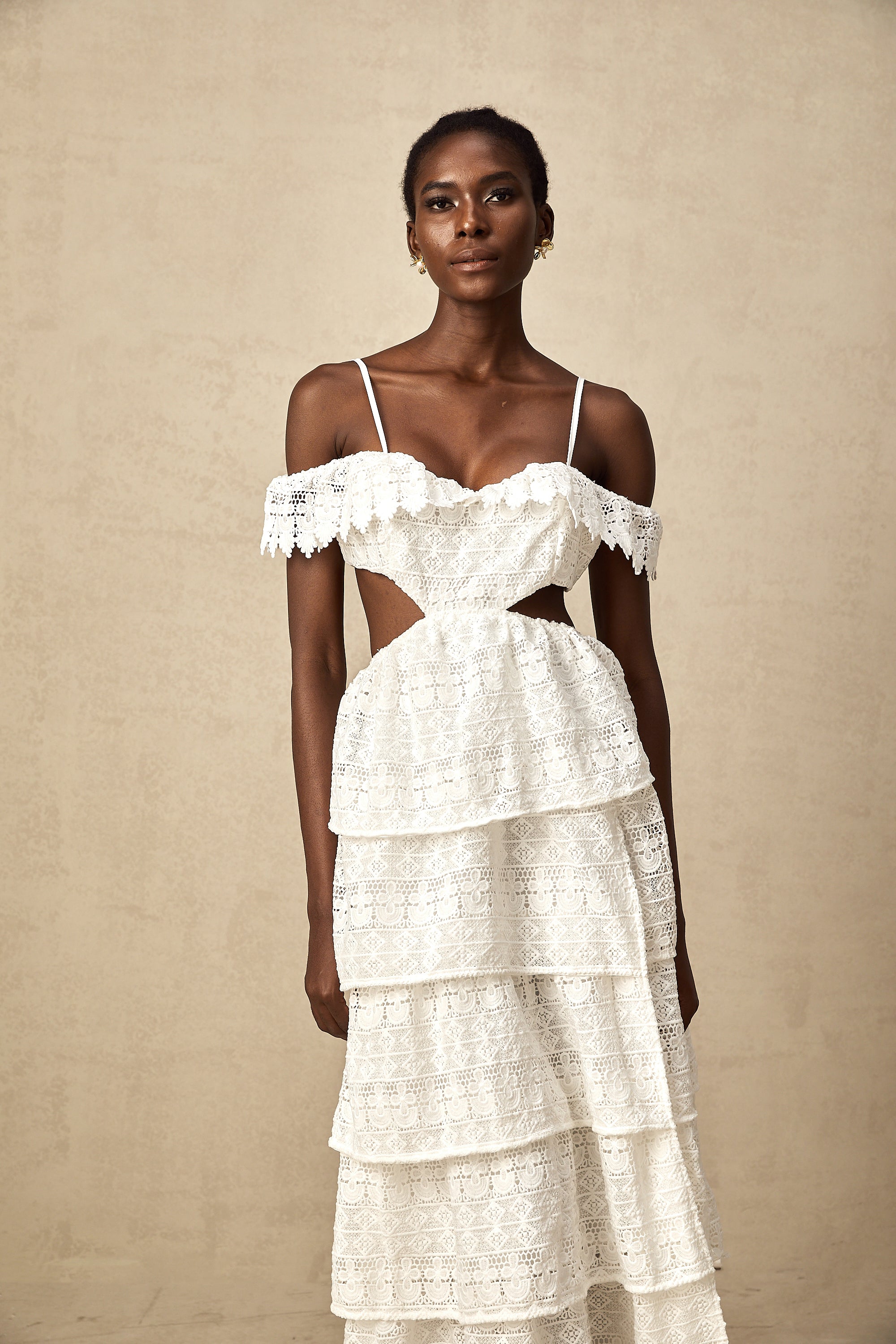 Genevieve white lace open-work midi dress