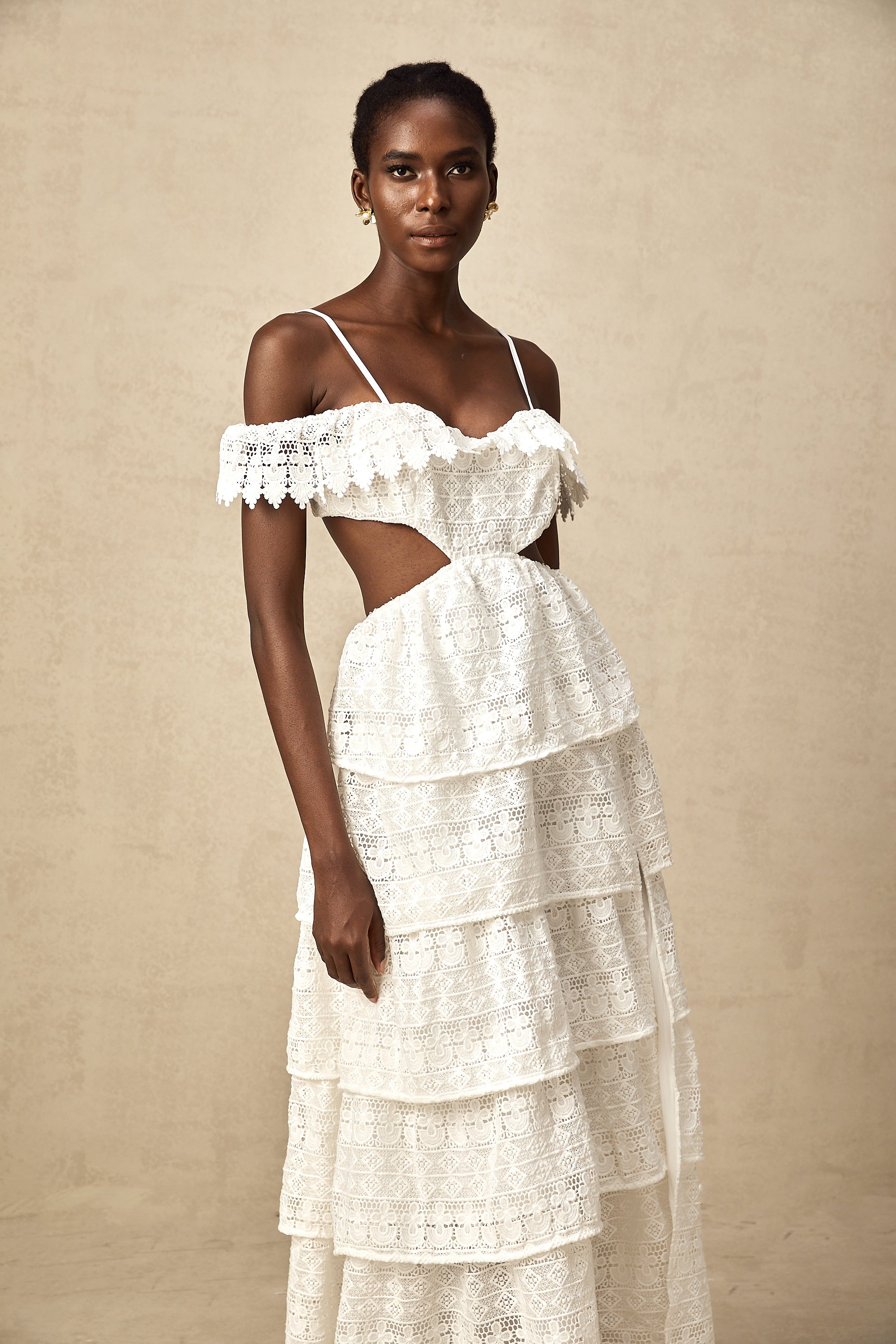 Genevieve white lace open-work midi dress