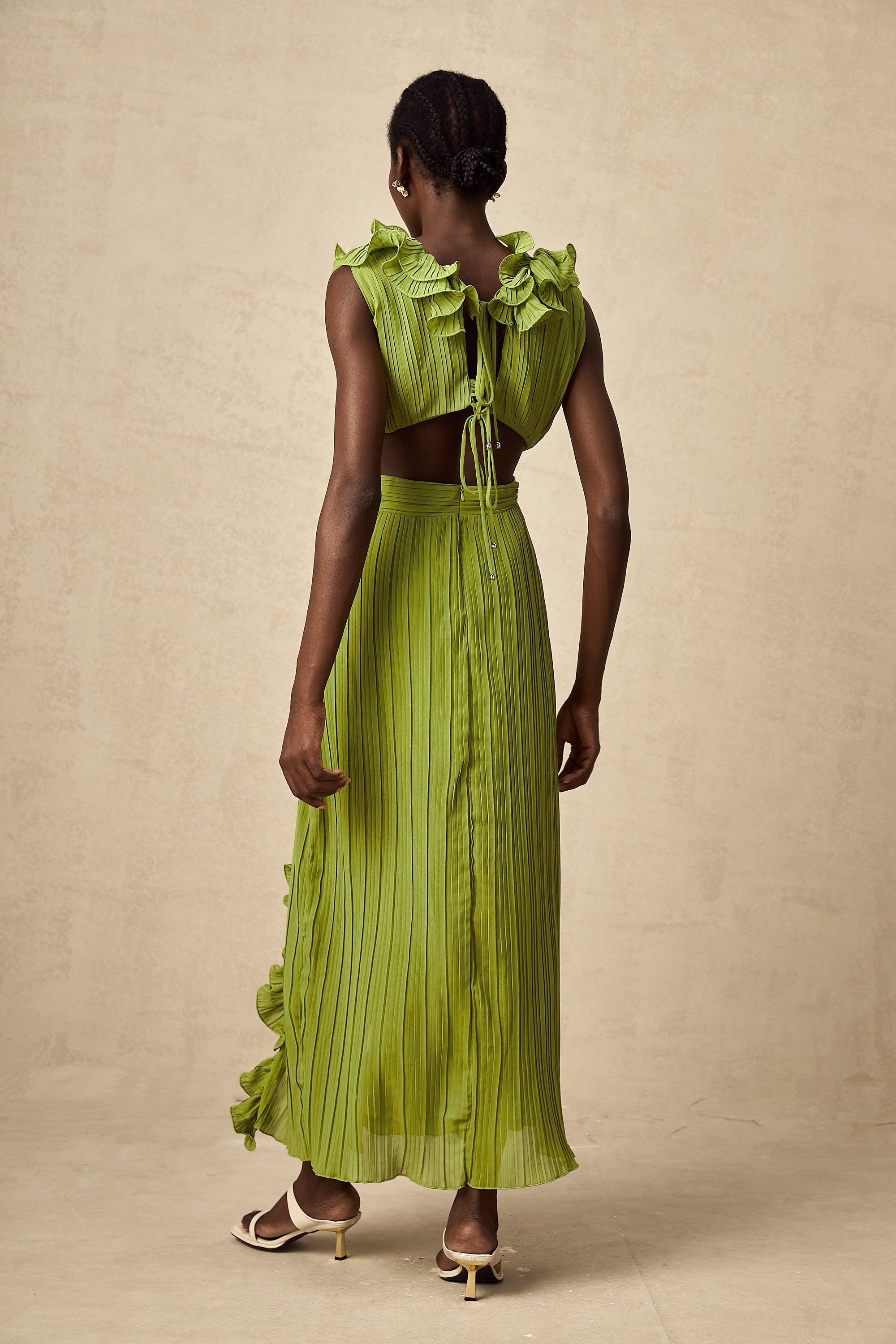 Alina green flounce full-pleat maxi dress