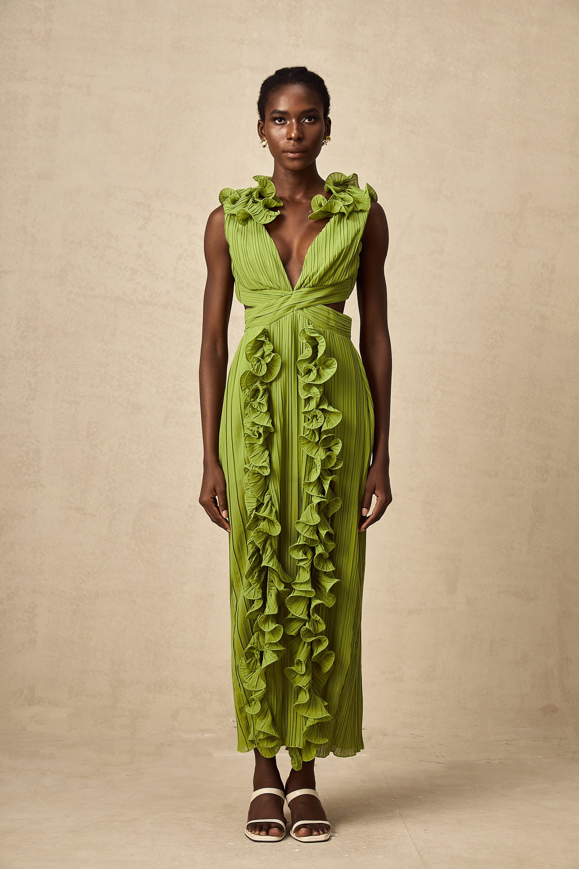 Alina green flounce full-pleat maxi dress