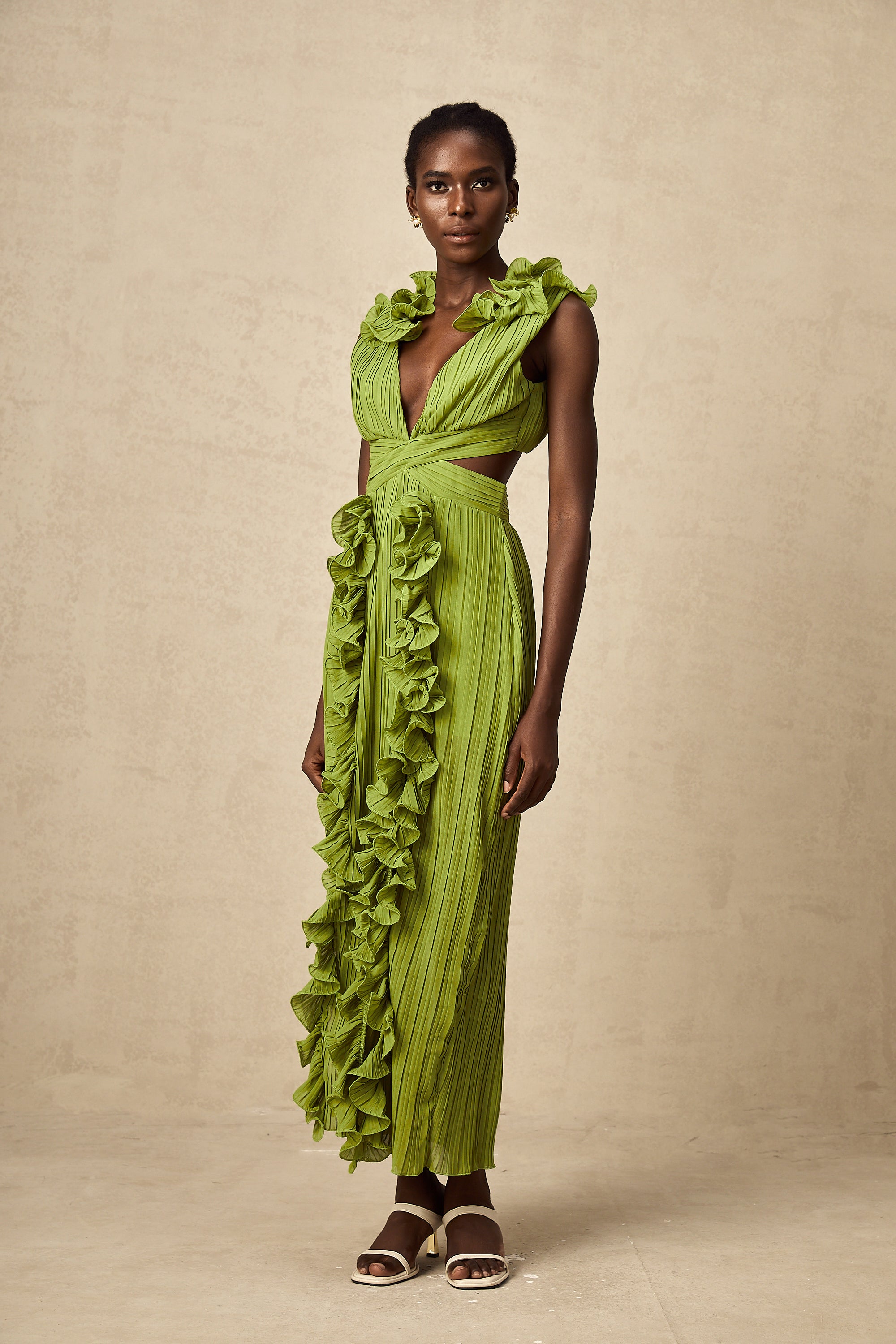 Alina green flounce full-pleat maxi dress