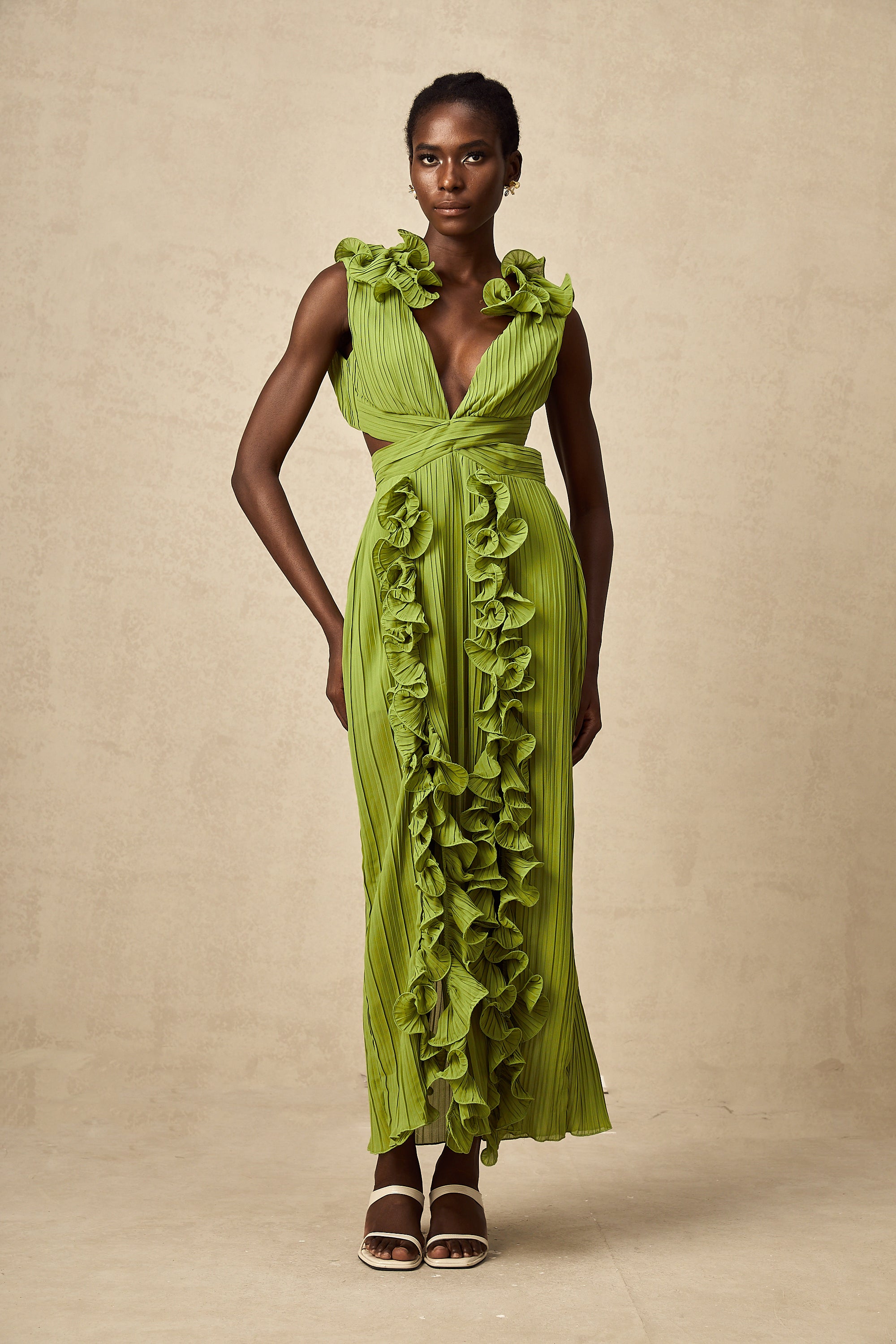 Alina green flounce full-pleat maxi dress