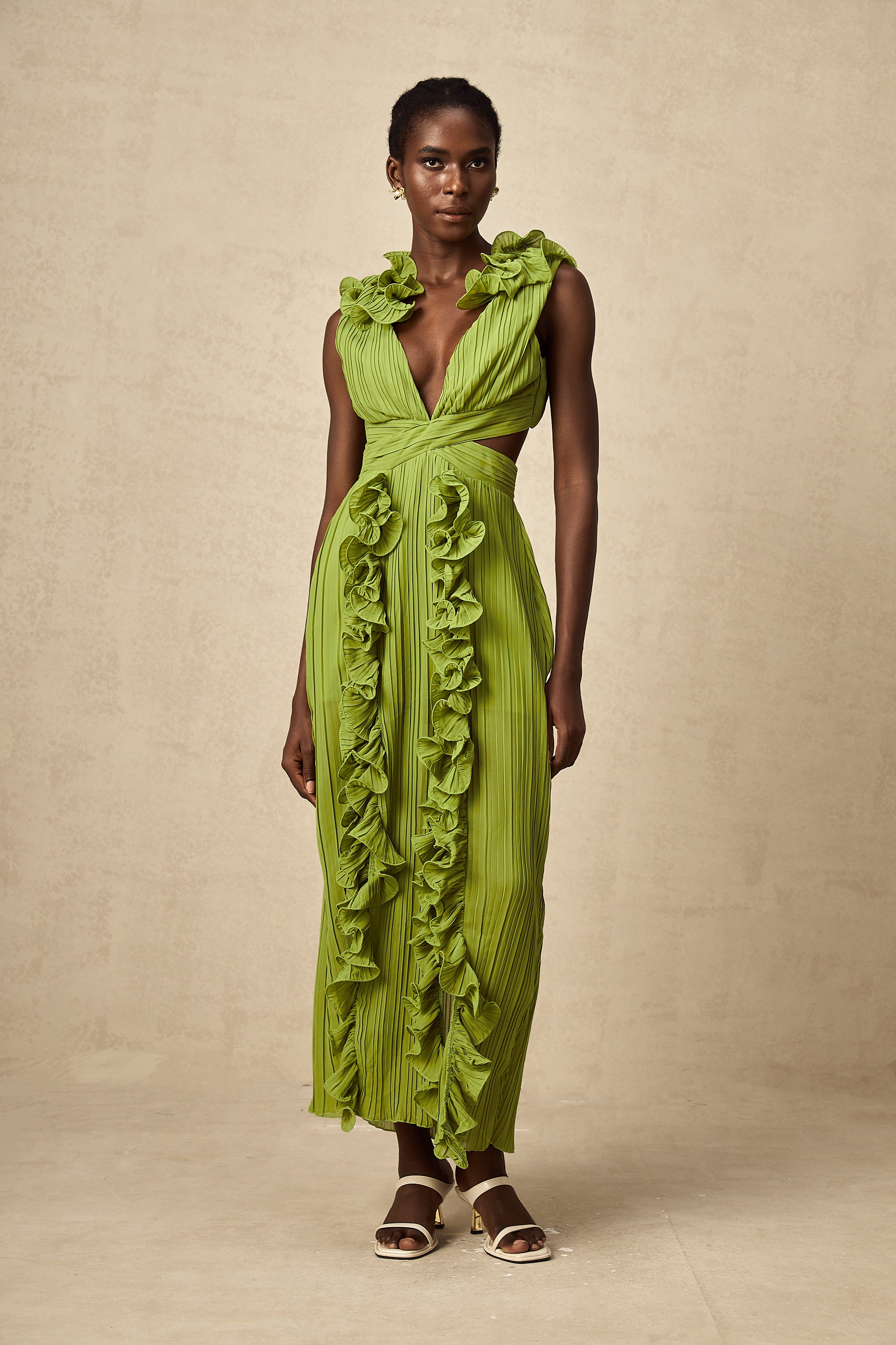 Alina green flounce full-pleat maxi dress