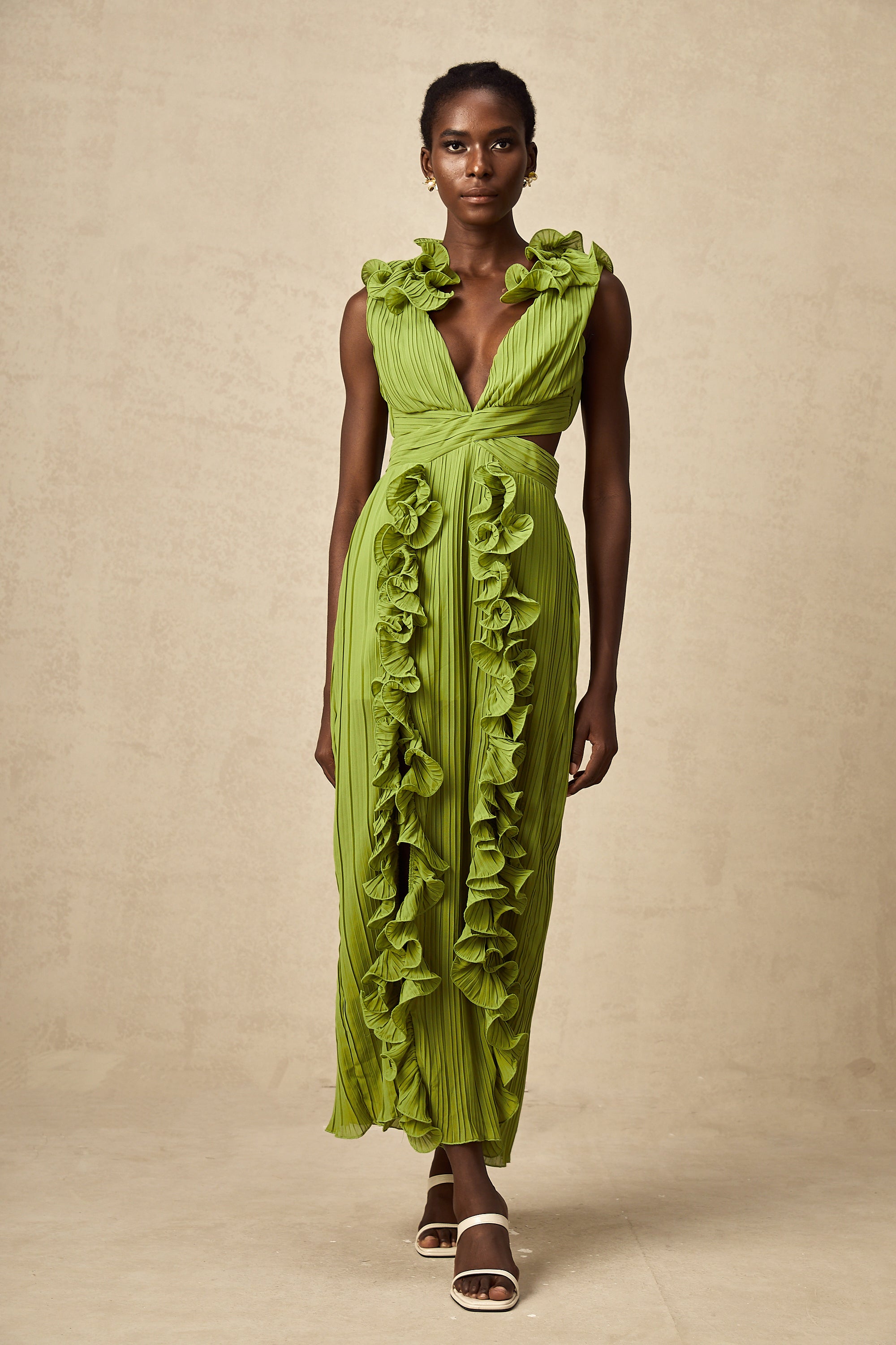 Alina green flounce full-pleat maxi dress