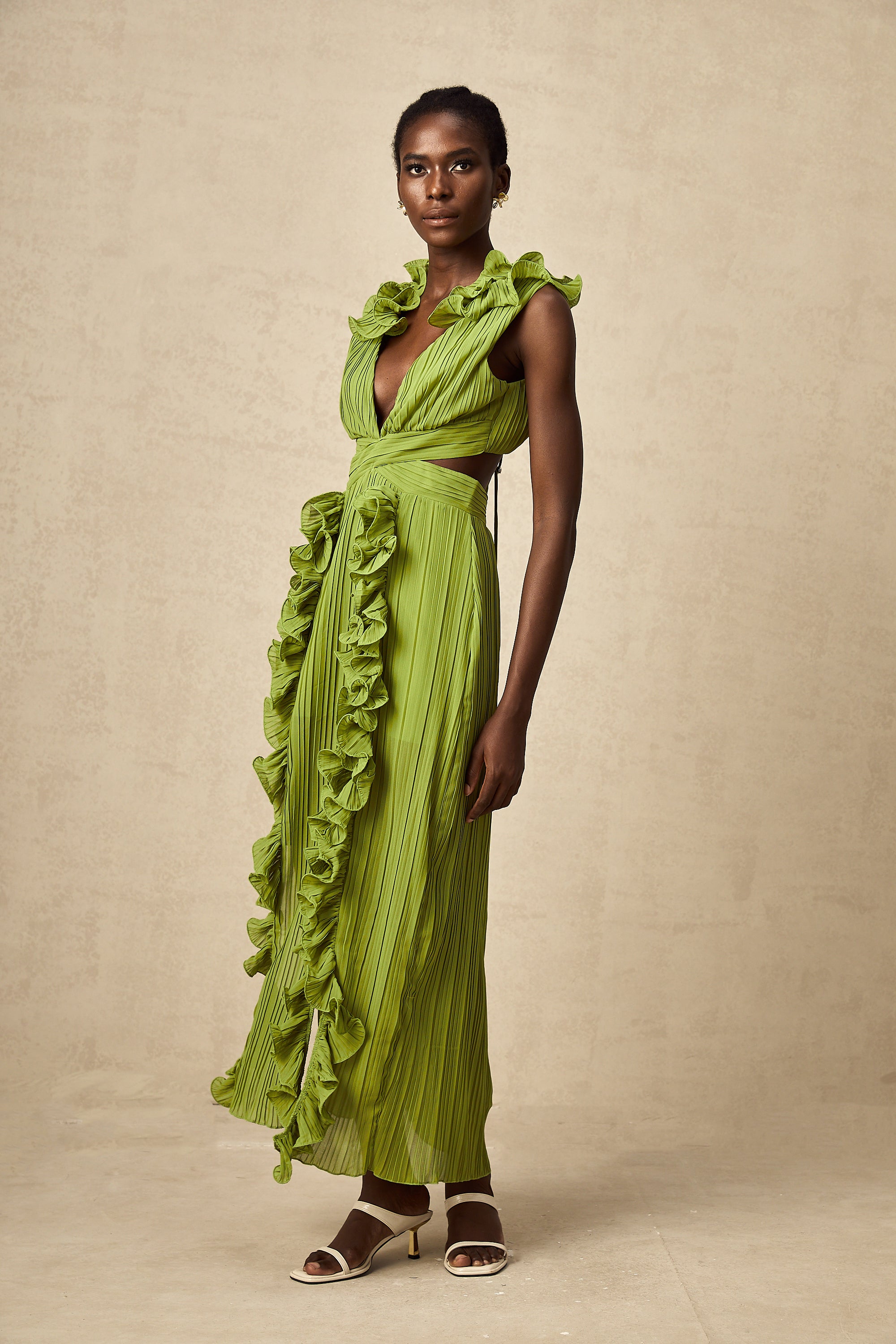 Alina green flounce full-pleat maxi dress