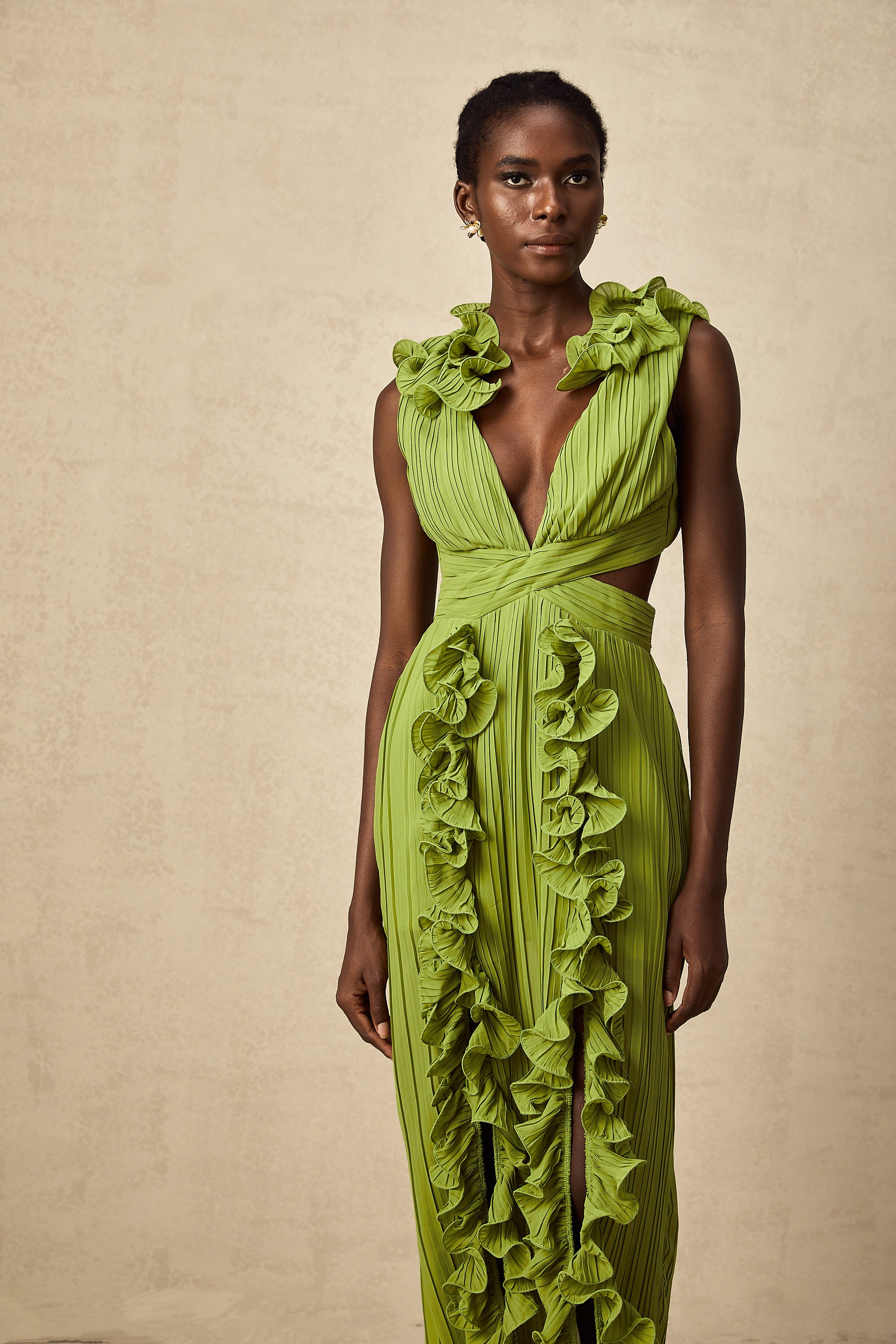 Alina green flounce full-pleat maxi dress