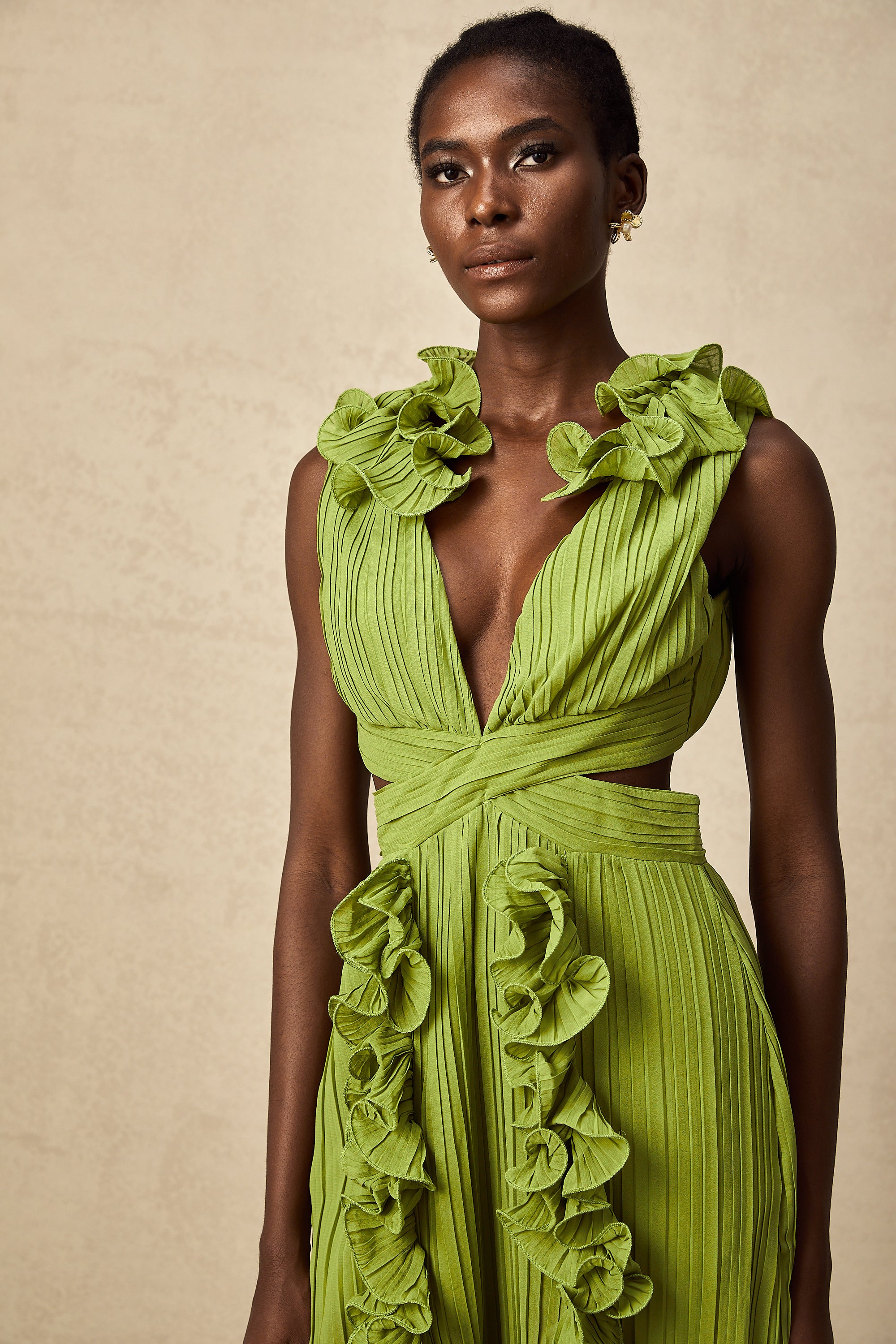 Alina green flounce full-pleat maxi dress