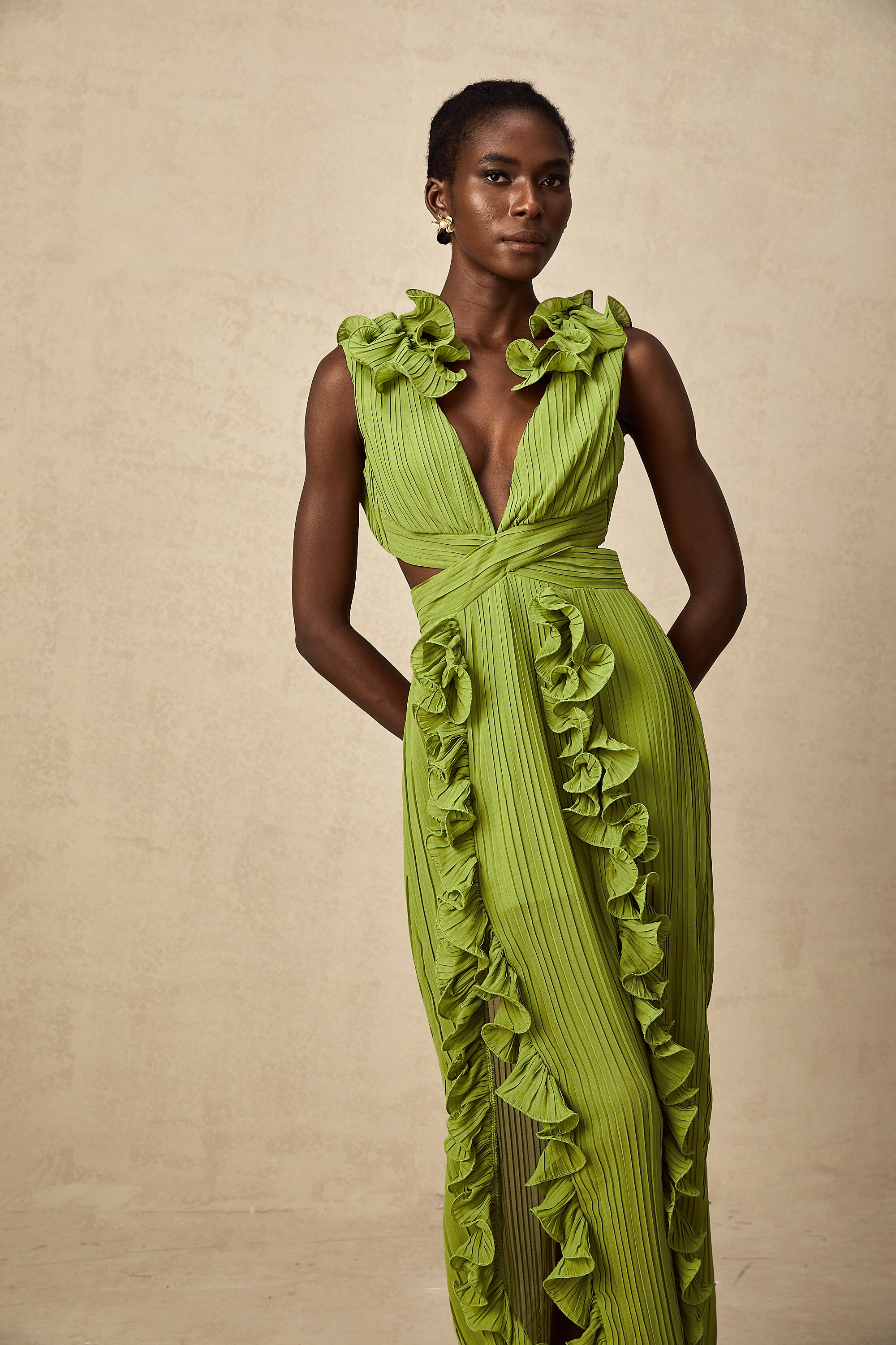 Alina green flounce full-pleat maxi dress