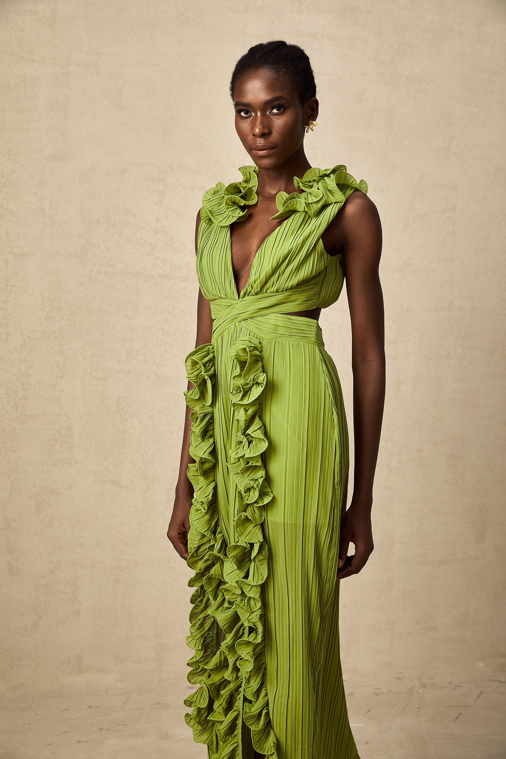 Alina green flounce full-pleat maxi dress