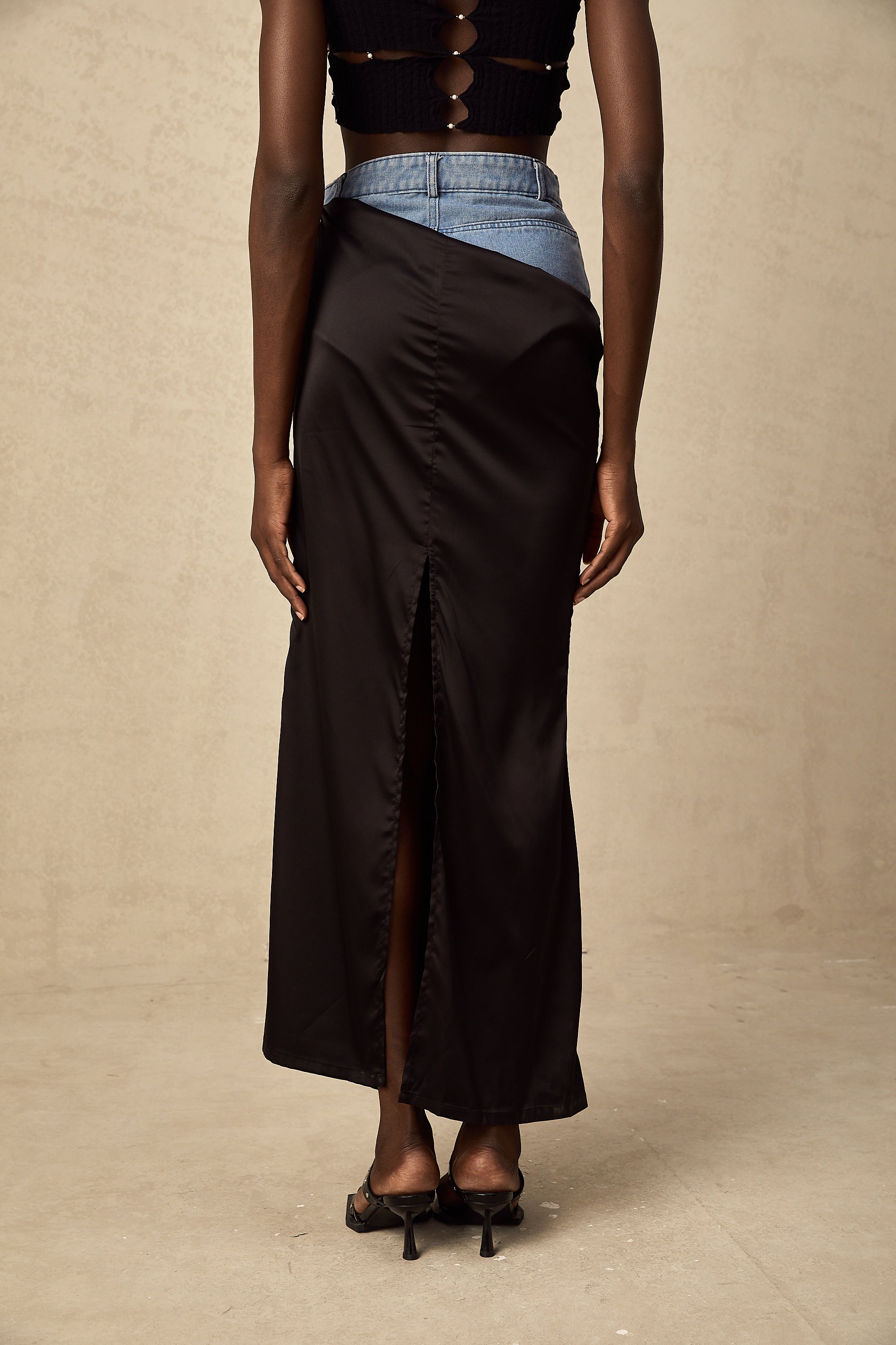 Livia high-slit panelled satin maxi skirt