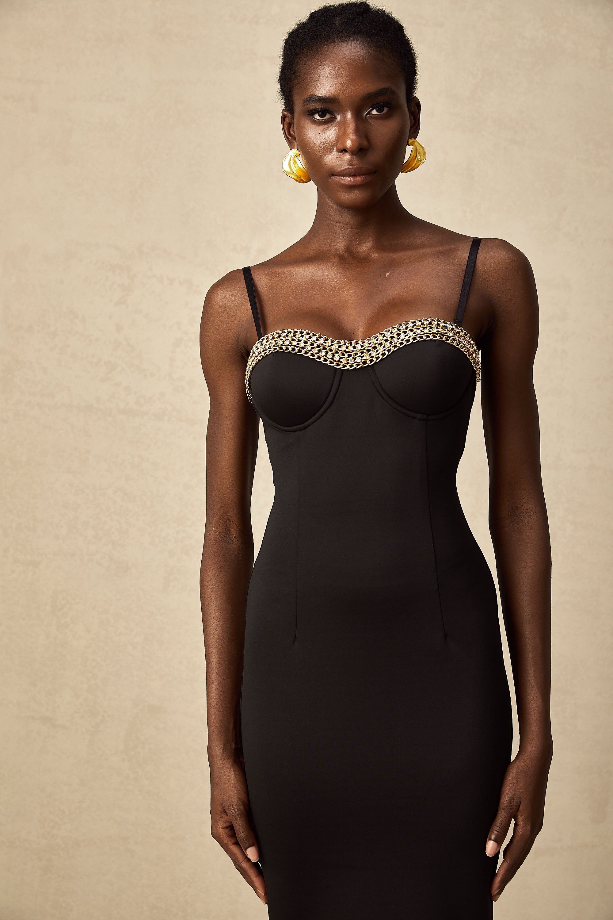 Juliette black chain-embellished bustier midi dress