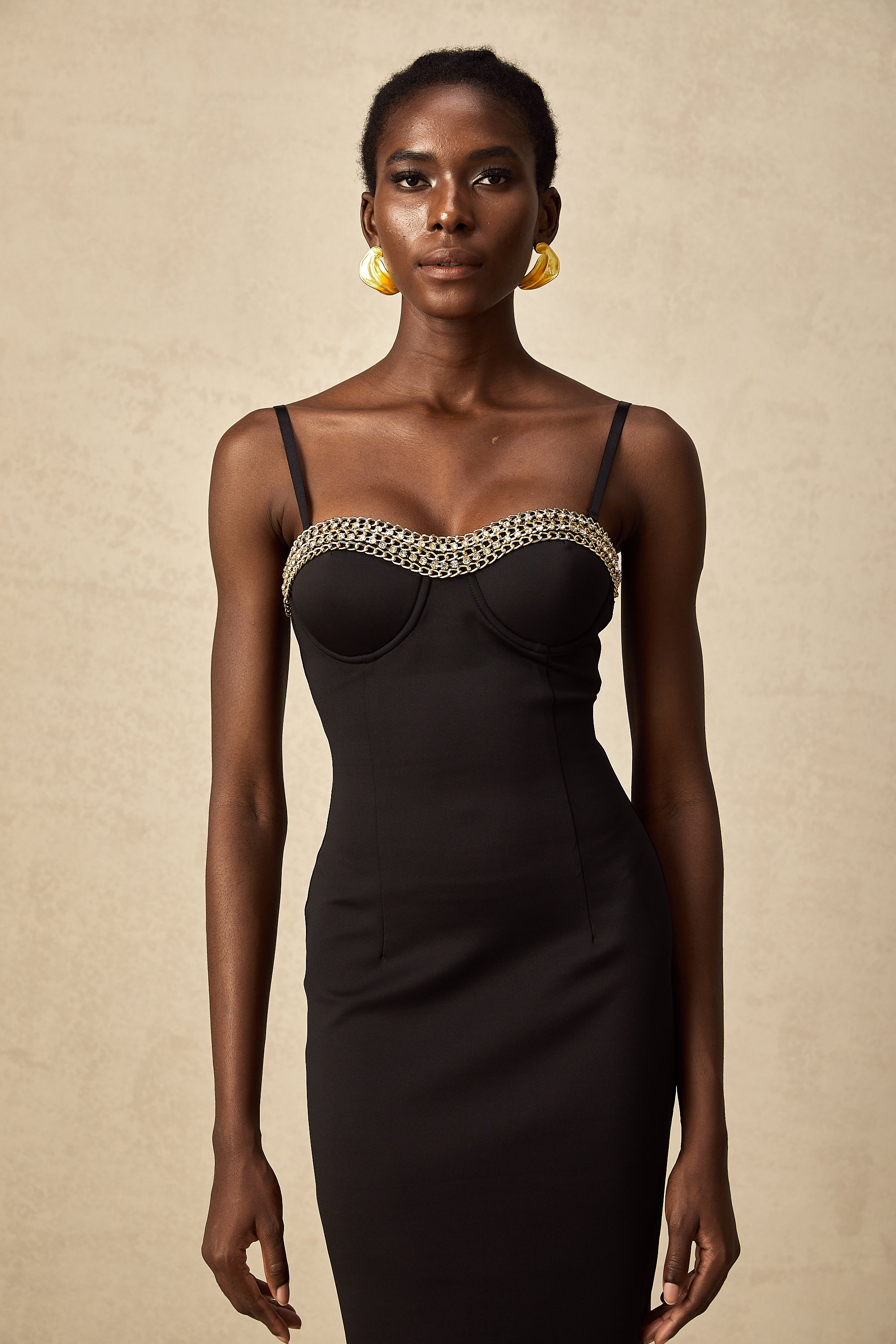 Juliette black chain-embellished bustier midi dress