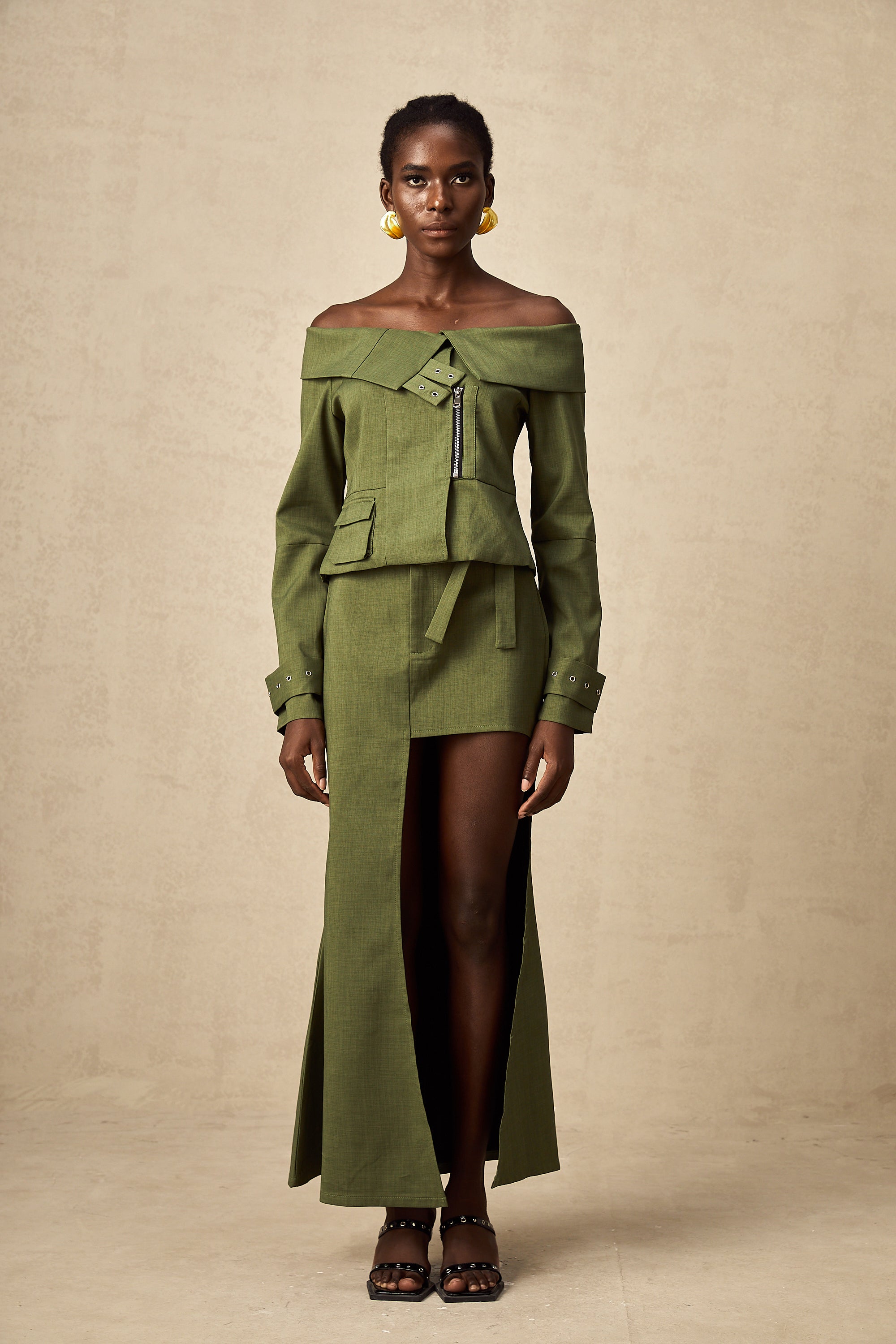 Éléna green asymmetric-design jacket & skirt matching set