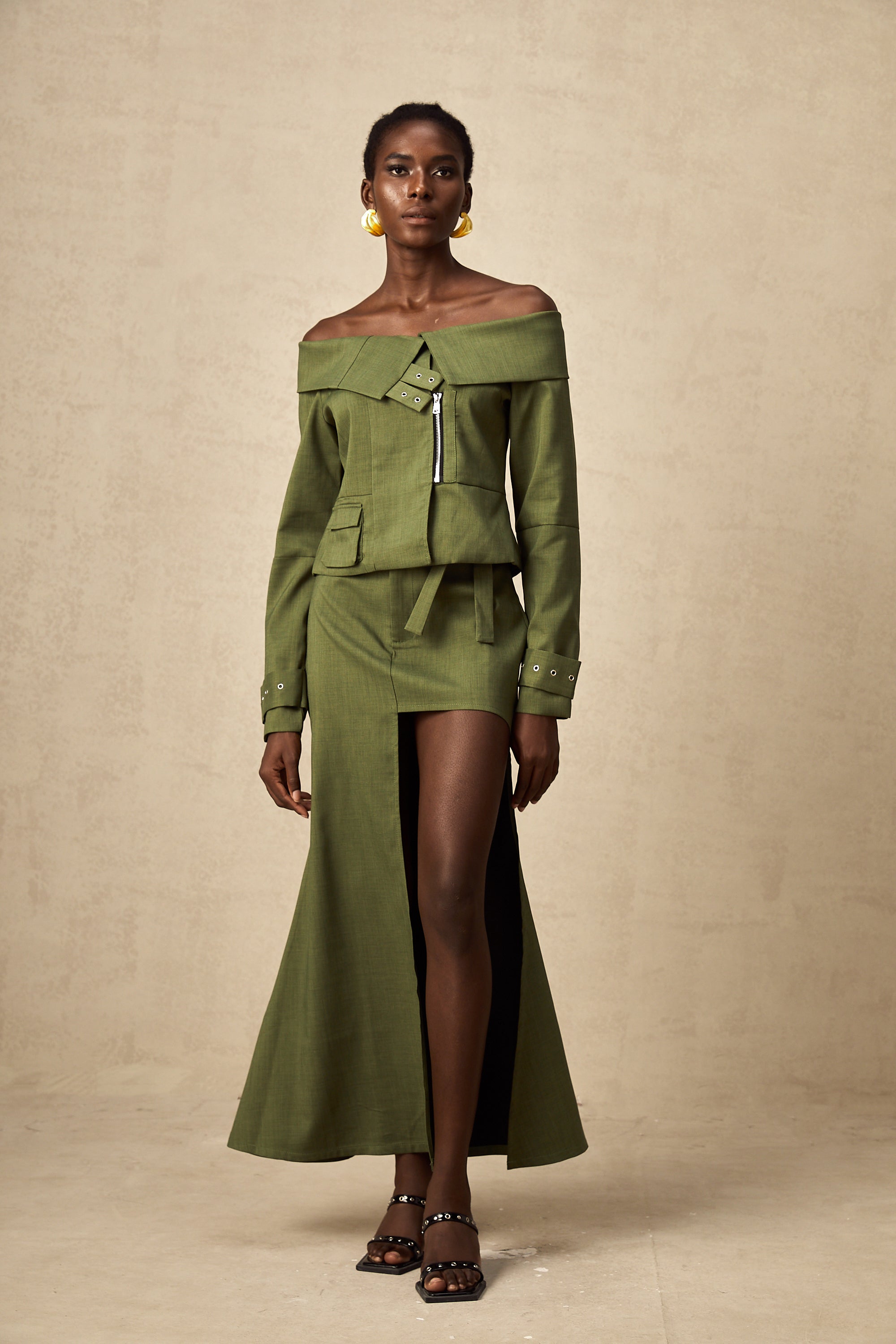 Éléna green asymmetric-design jacket & skirt matching set