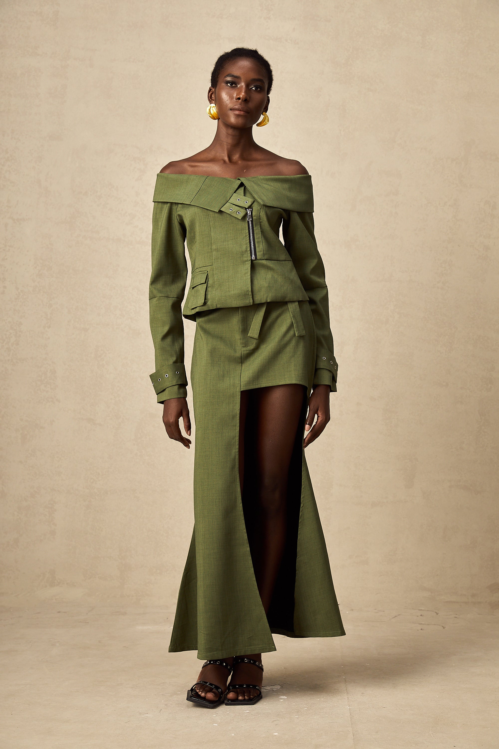 Éléna green asymmetric-design jacket & skirt matching set