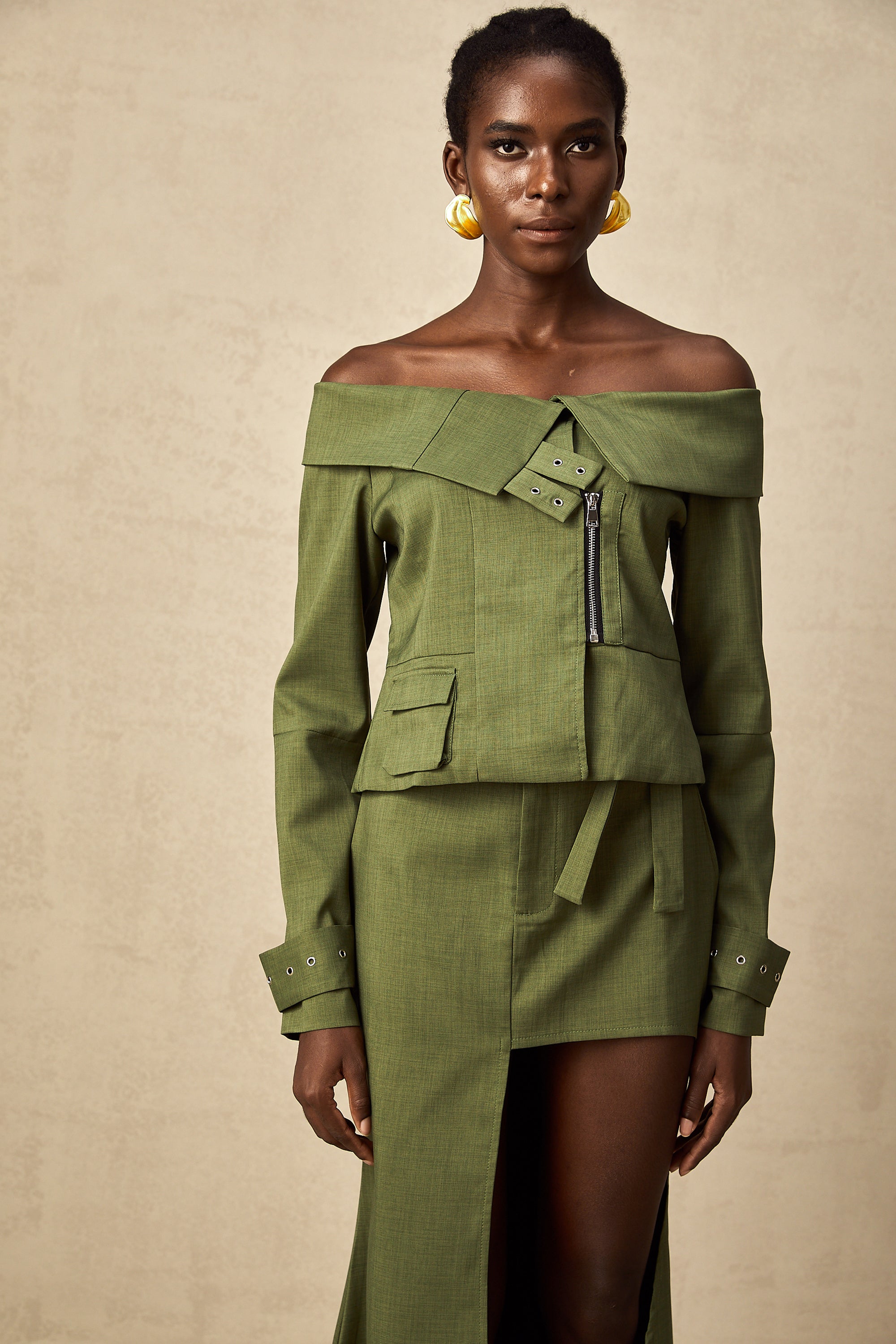 Éléna green asymmetric-design jacket & skirt matching set