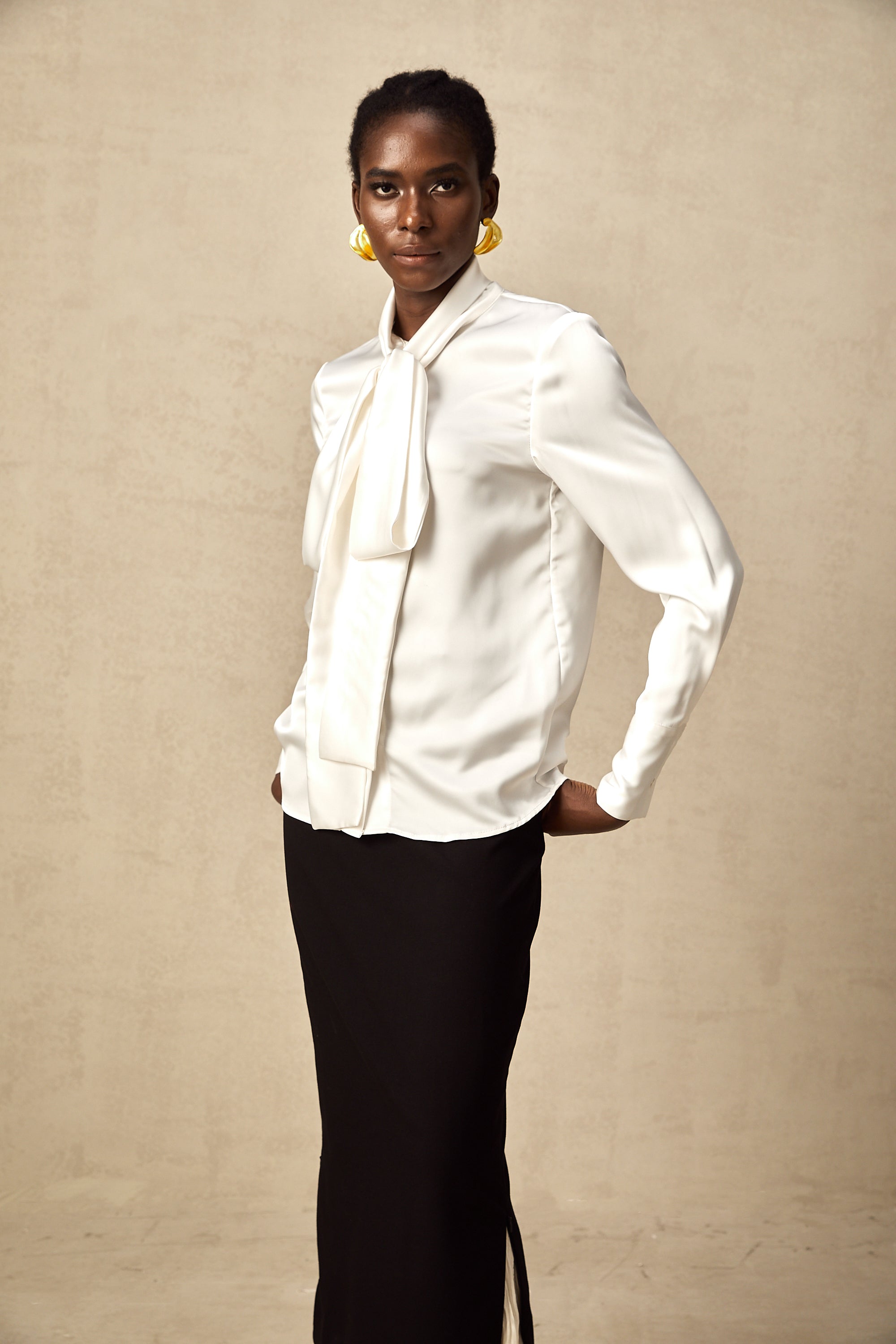 Lyana white satin bowknot shirt