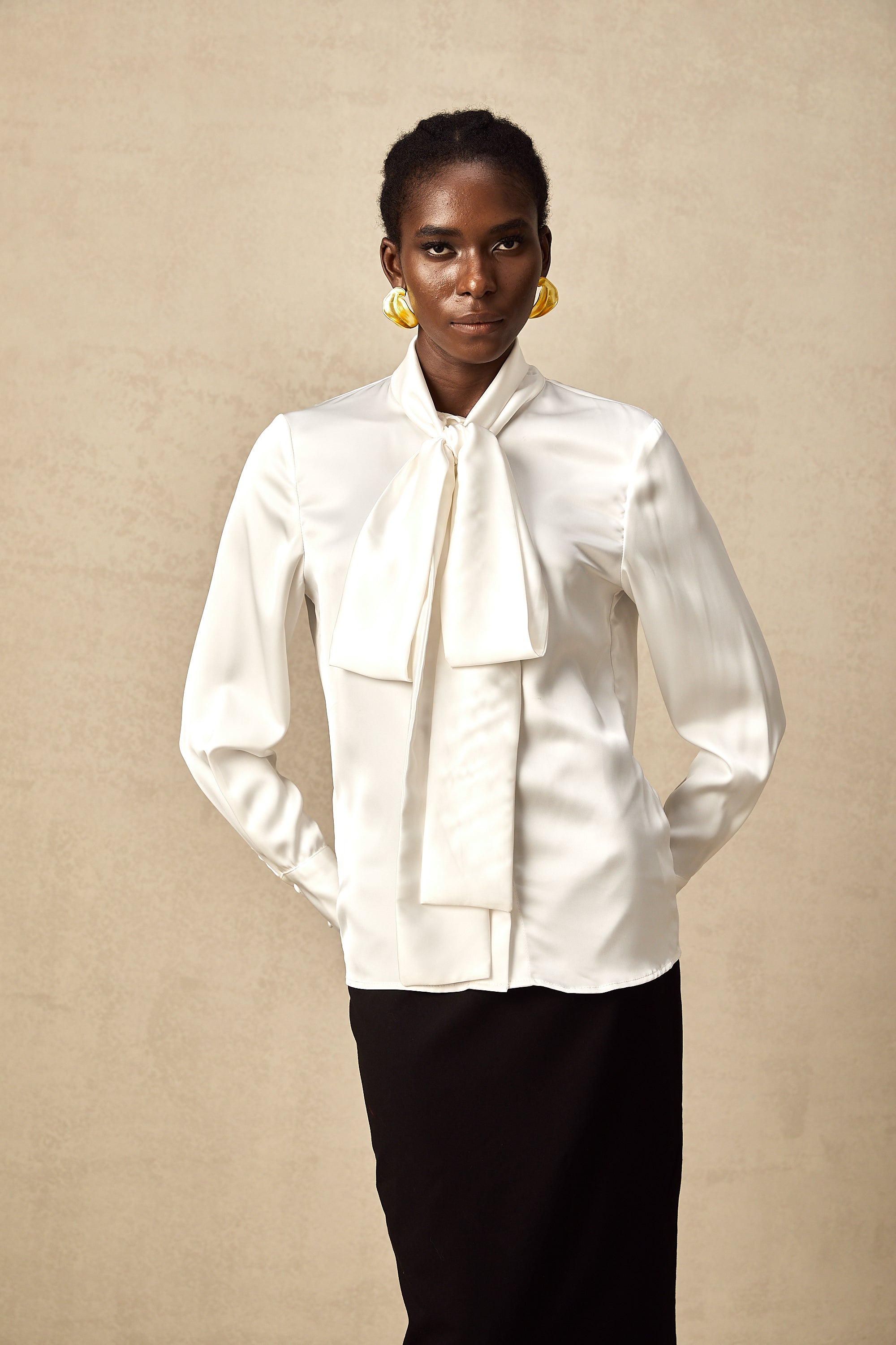 Lyana white satin bowknot shirt