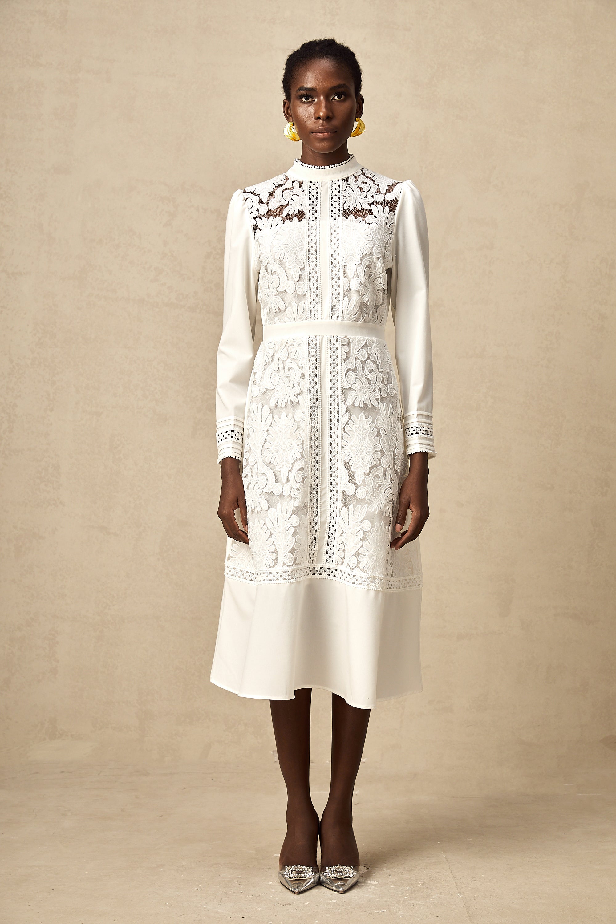 Madeleine white panelled embroidery midi dress