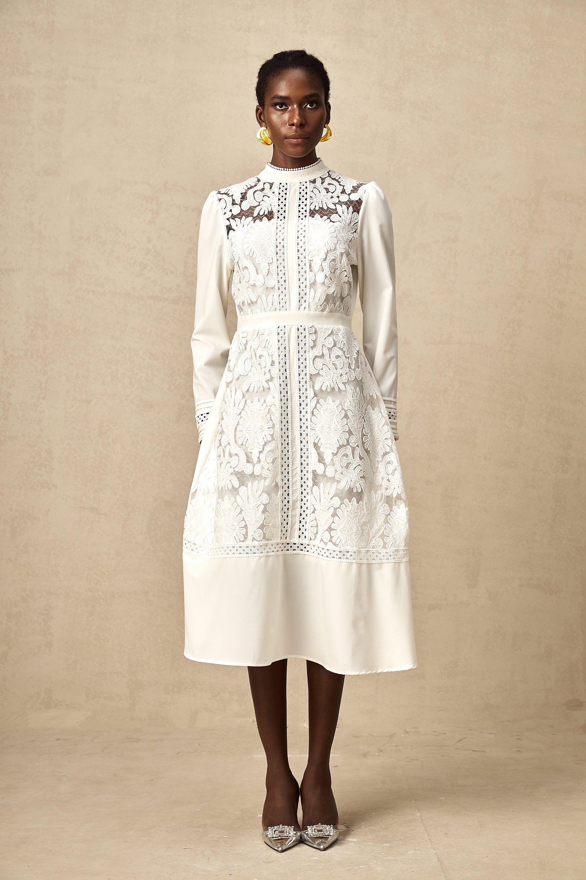 Madeleine white panelled embroidery midi dress