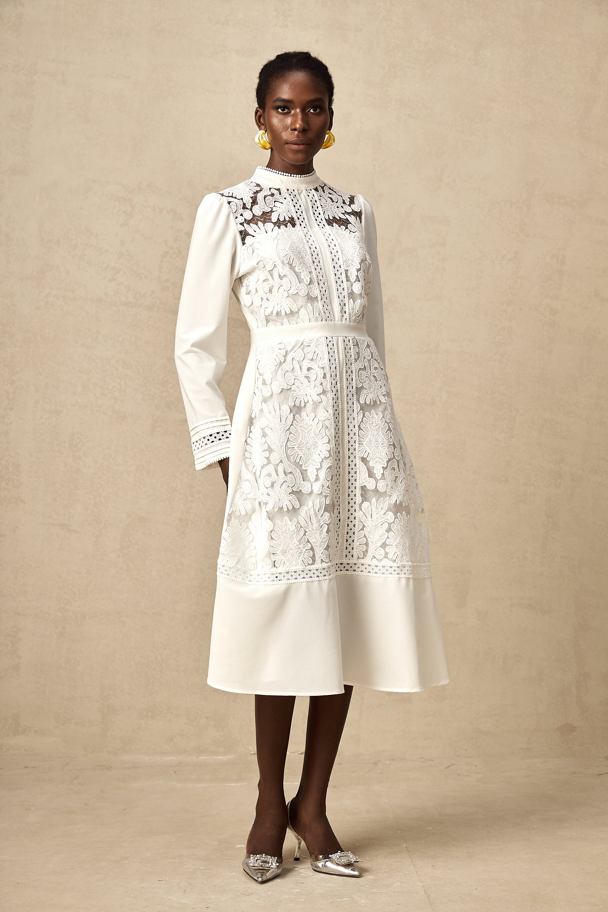 Madeleine white panelled embroidery midi dress